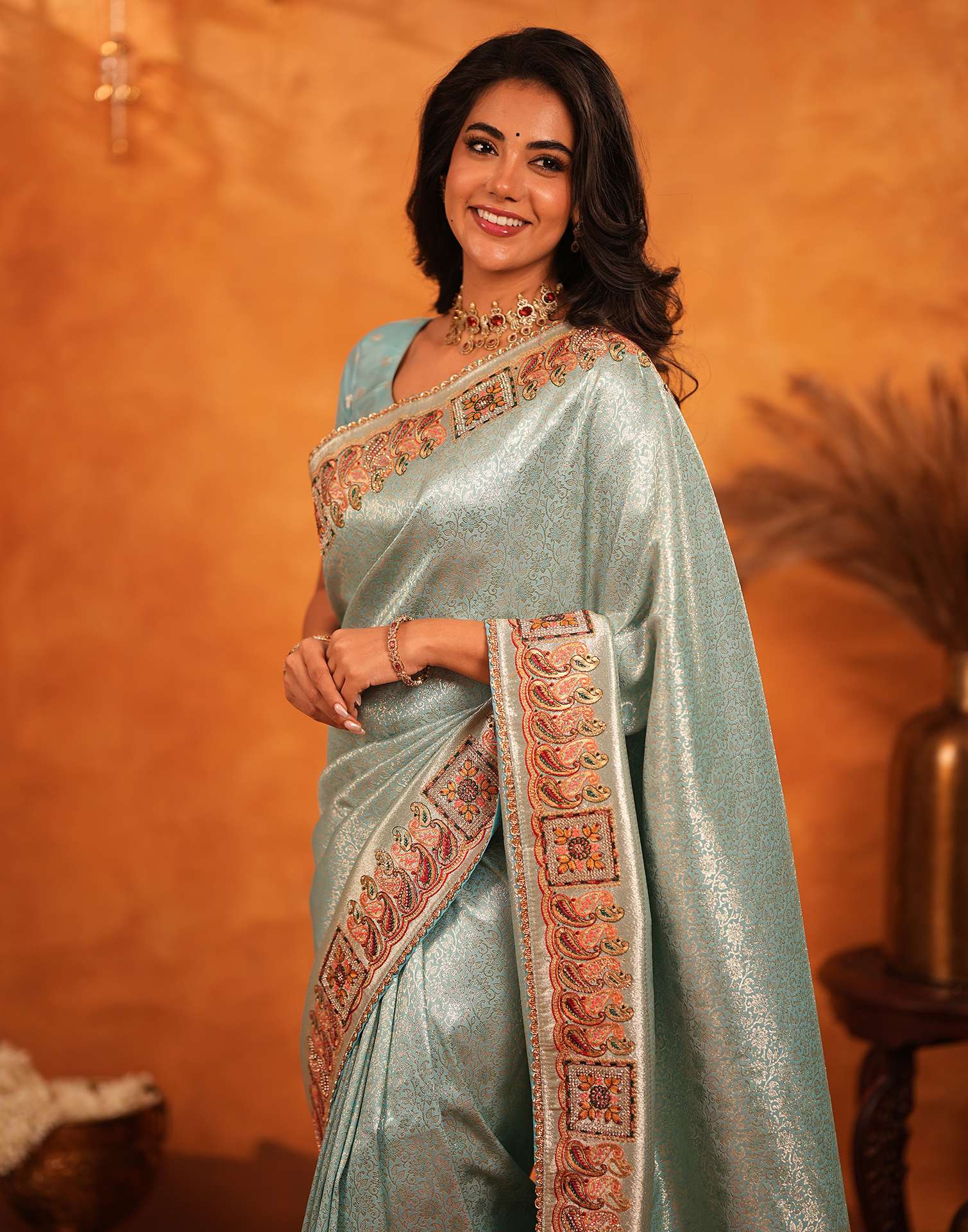 Turquoise Silk Woven Embroidery Stone Work Banarasi Saree - Image 4