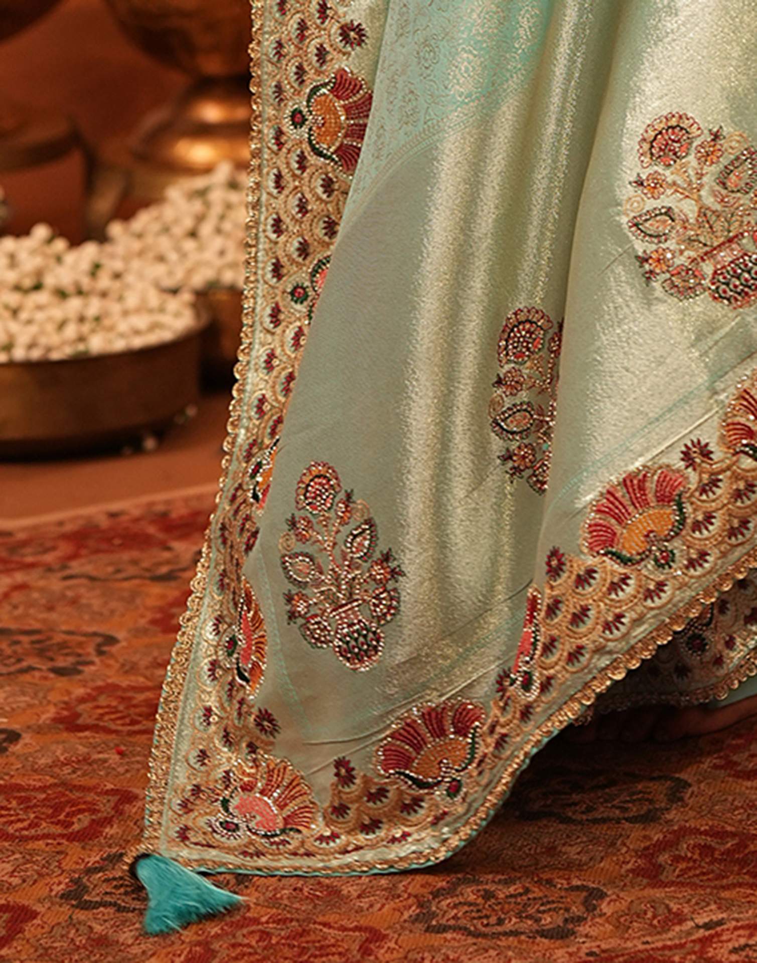 Turquoise Silk Woven Embroidery Stone Work Banarasi Saree - Image 10