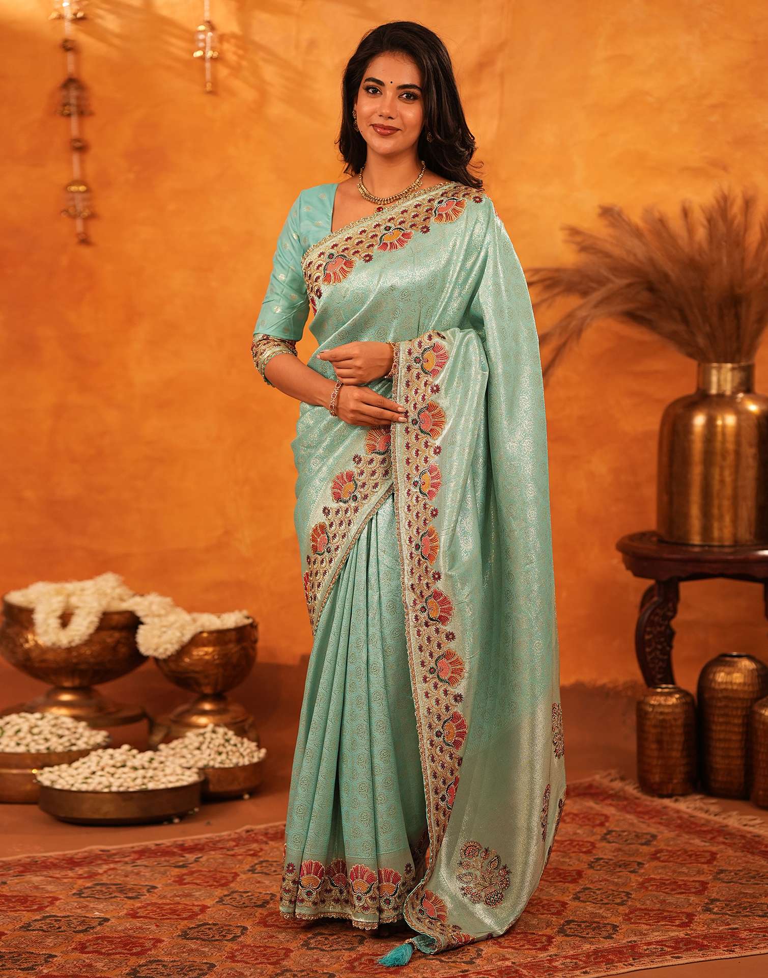 Turquoise Silk Woven Embroidery Stone Work Banarasi Saree - Image 4