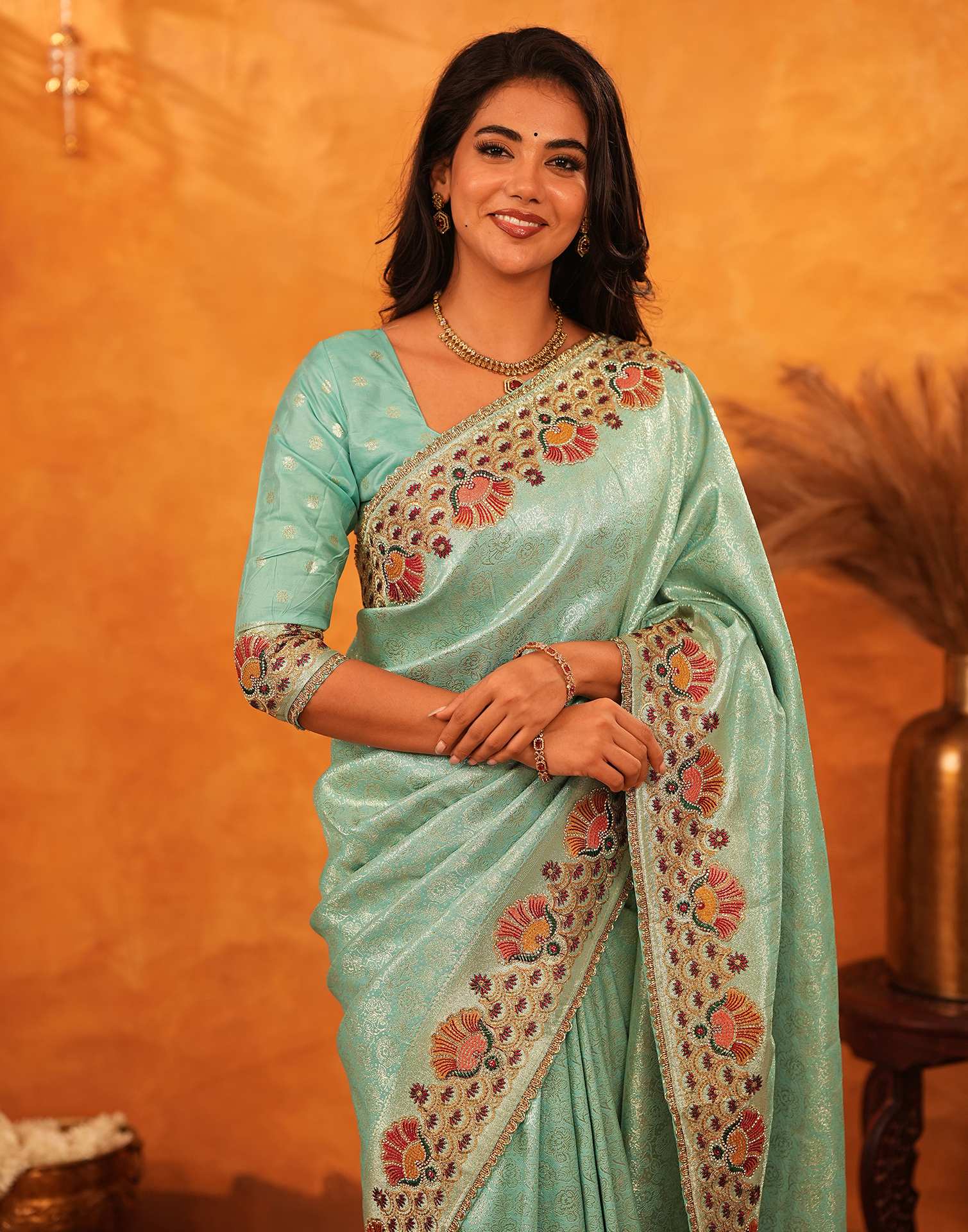 Turquoise Silk Woven Embroidery Stone Work Banarasi Saree - Image 7