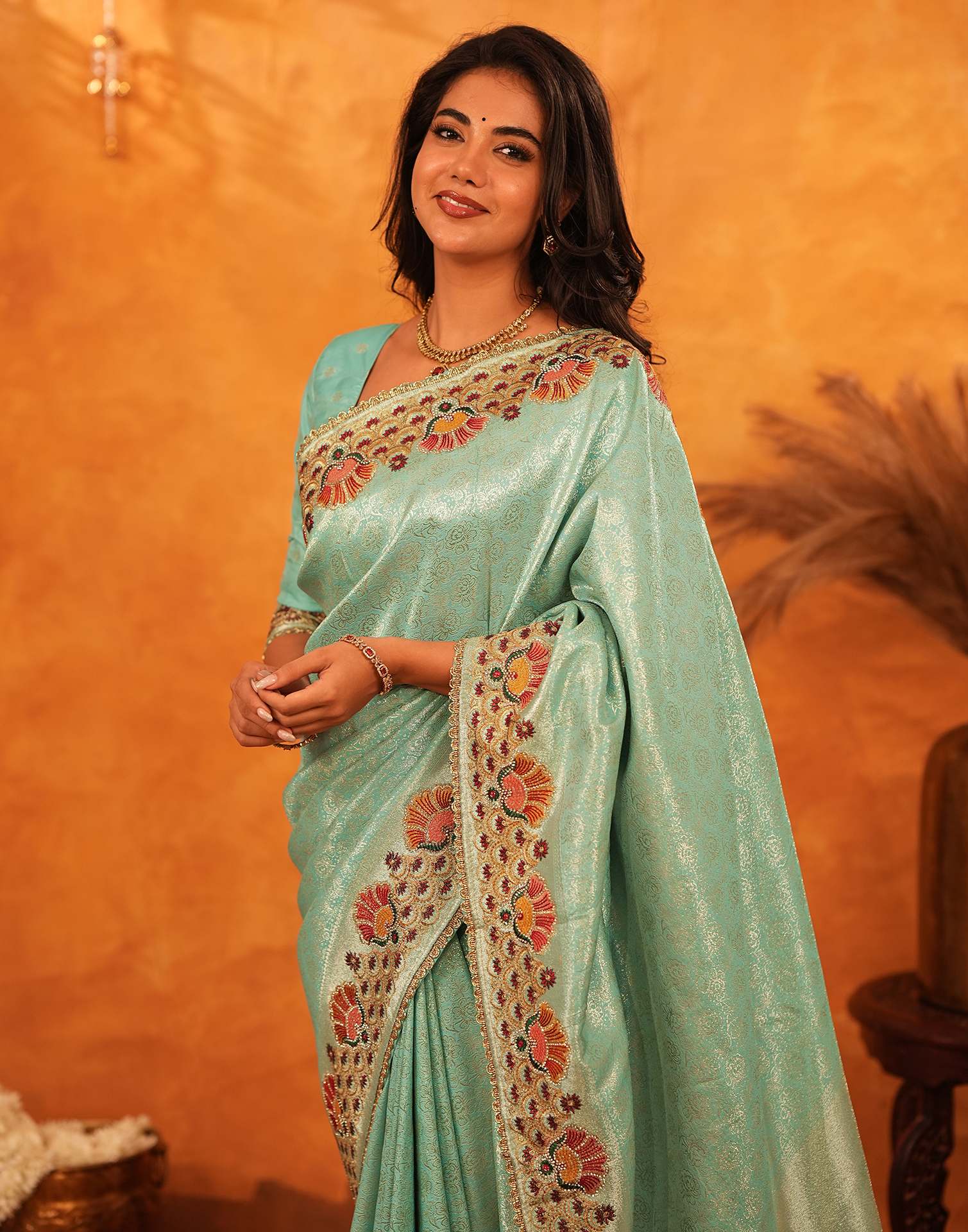 Turquoise Silk Woven Embroidery Stone Work Banarasi Saree - Image 8