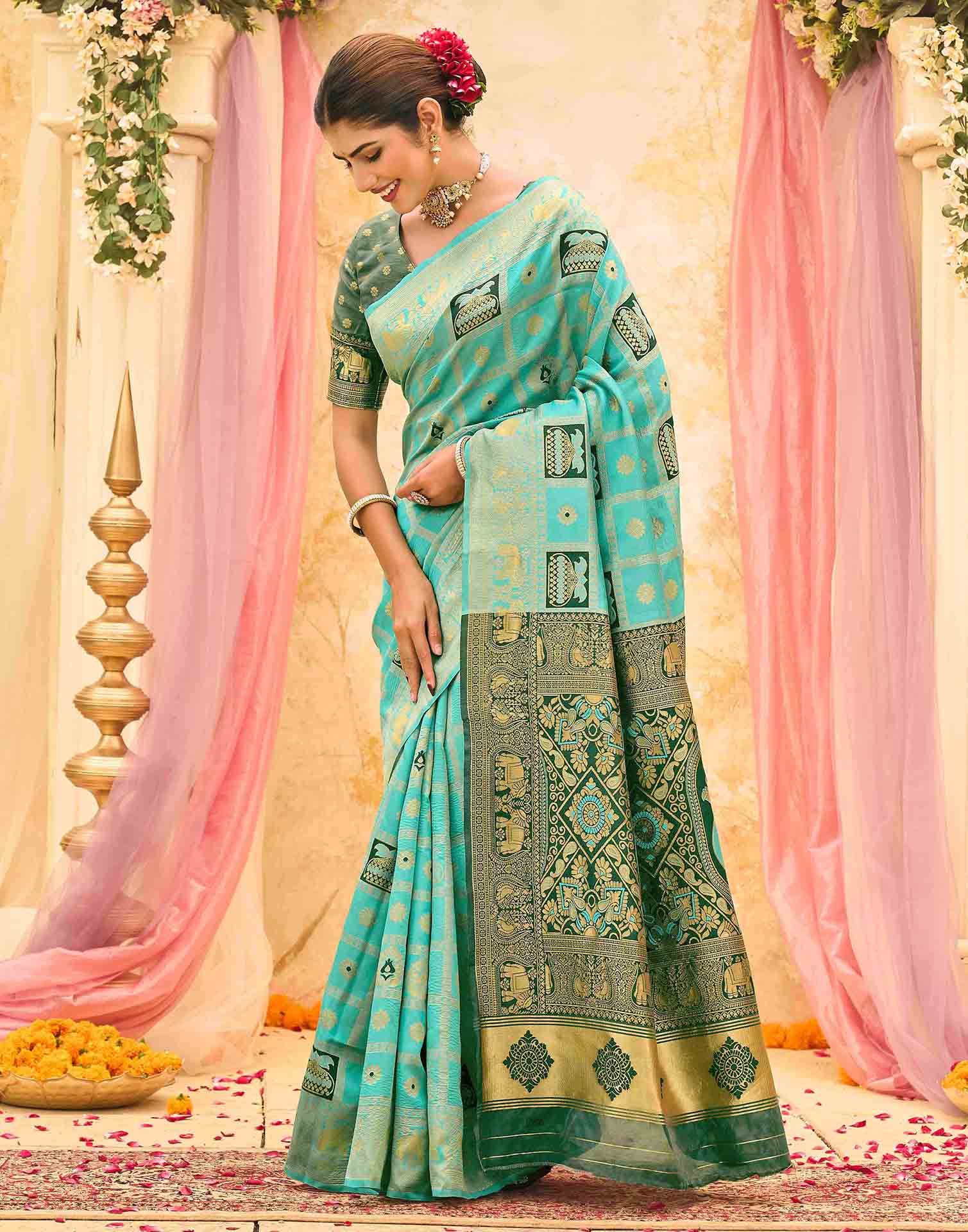 Turquoise Silk Woven Patola Saree - Image 4