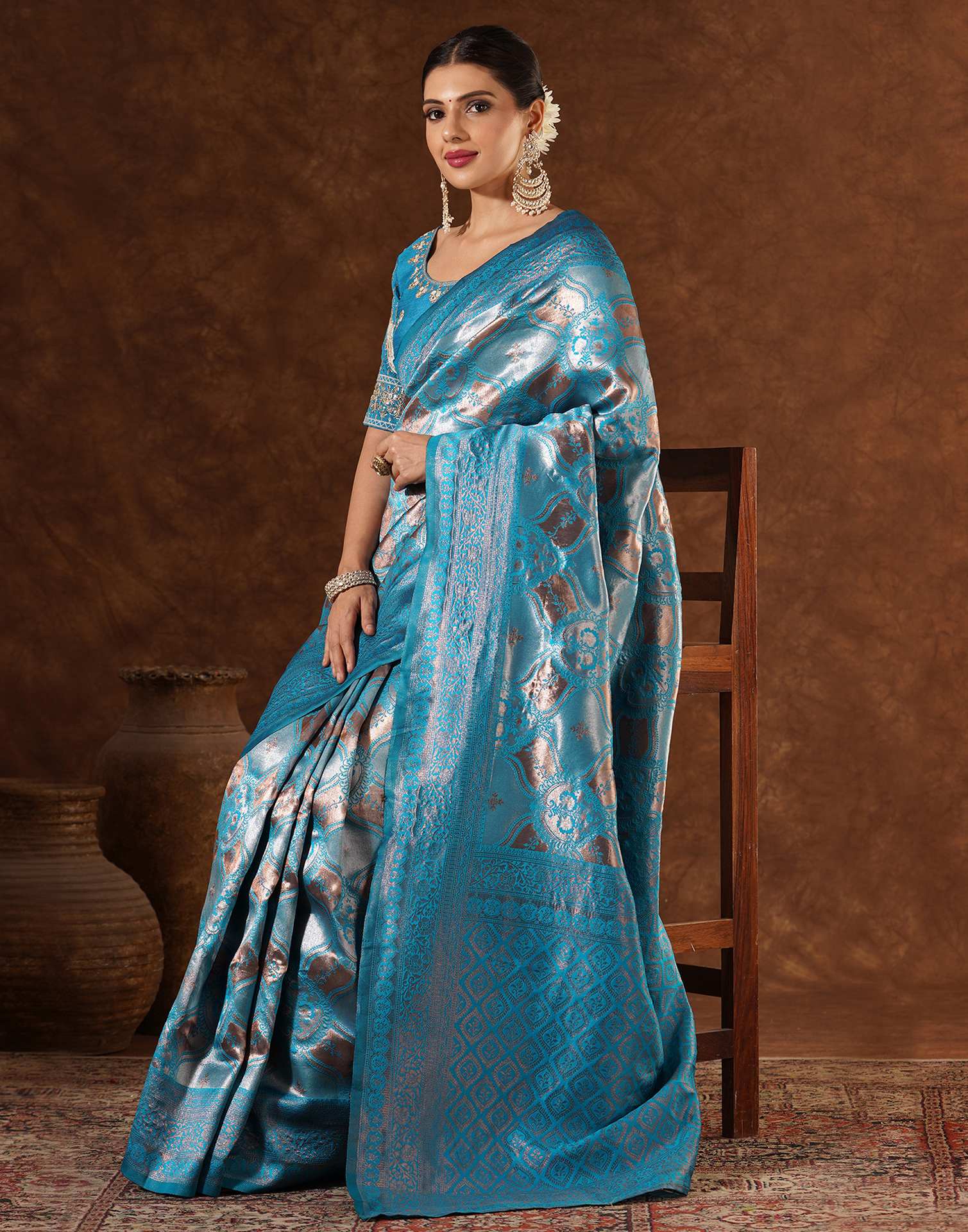Turquoise Silk Woven  Banarasi Saree - Image 6