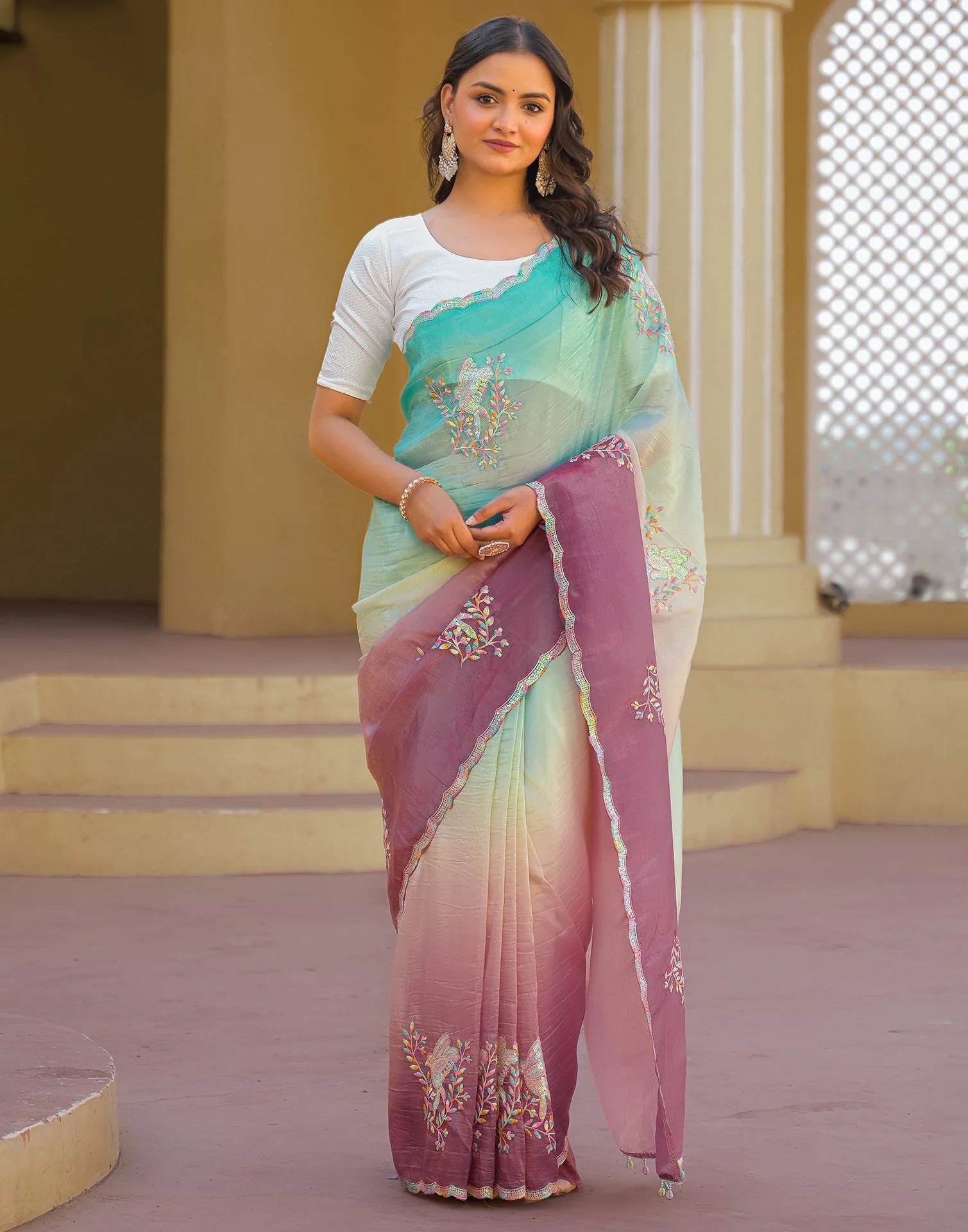 Turquoise Tissue Silk Sequence Embroidery Saree