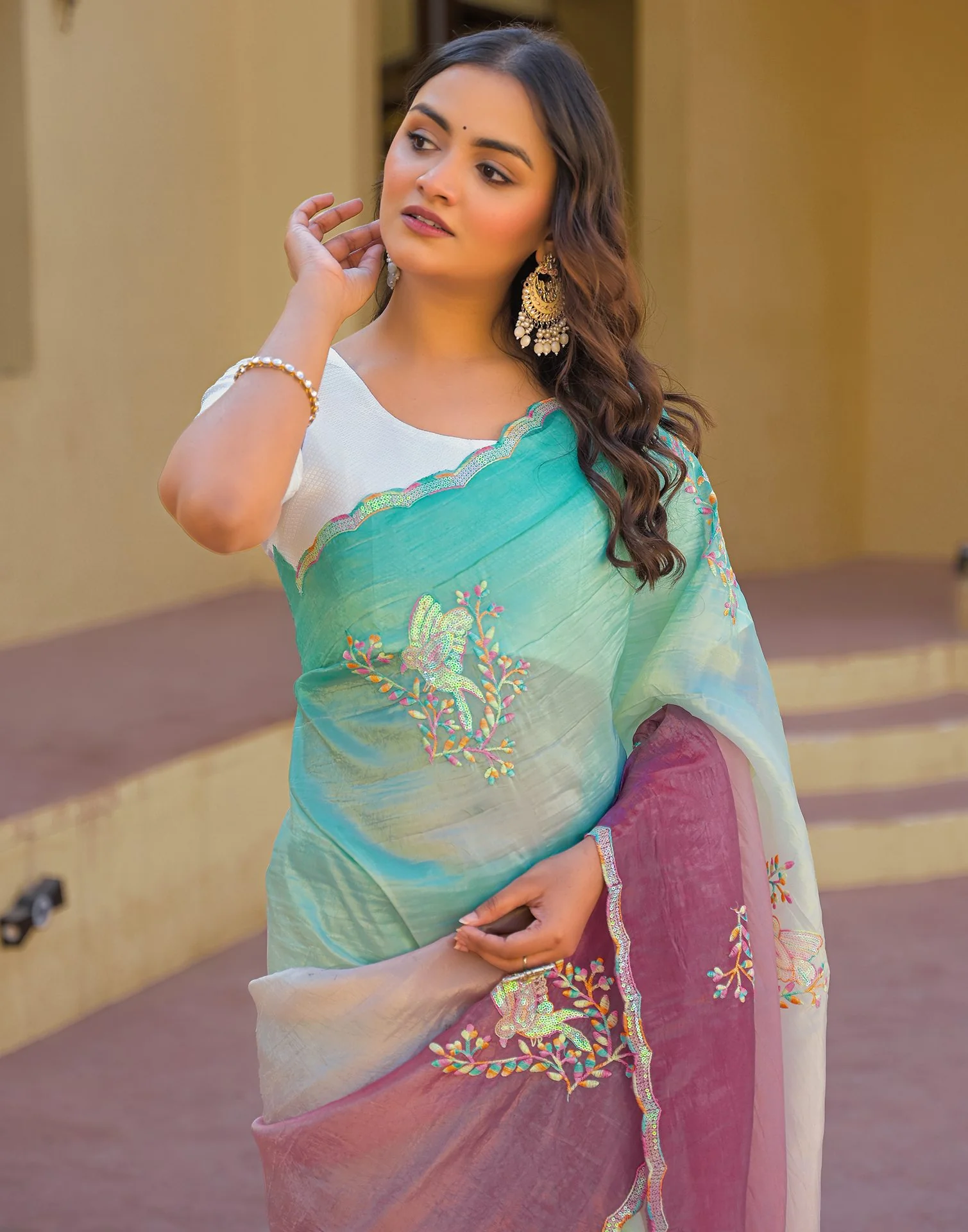 Turquoise Tissue Silk Sequence Embroidery Saree - Image 2