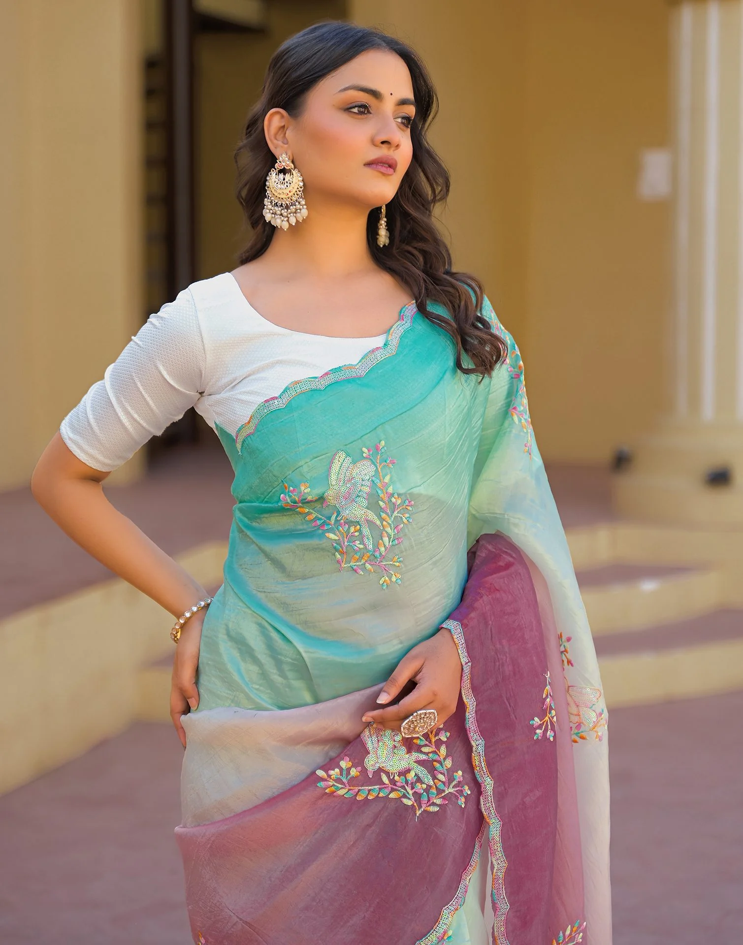 Turquoise Tissue Silk Sequence Embroidery Saree - Image 4