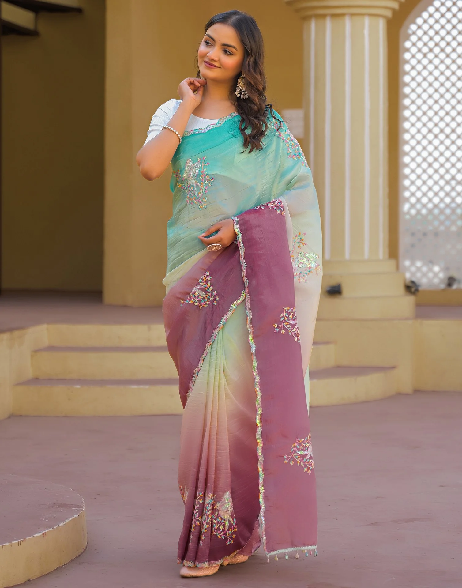 Turquoise Tissue Silk Sequence Embroidery Saree - Image 5