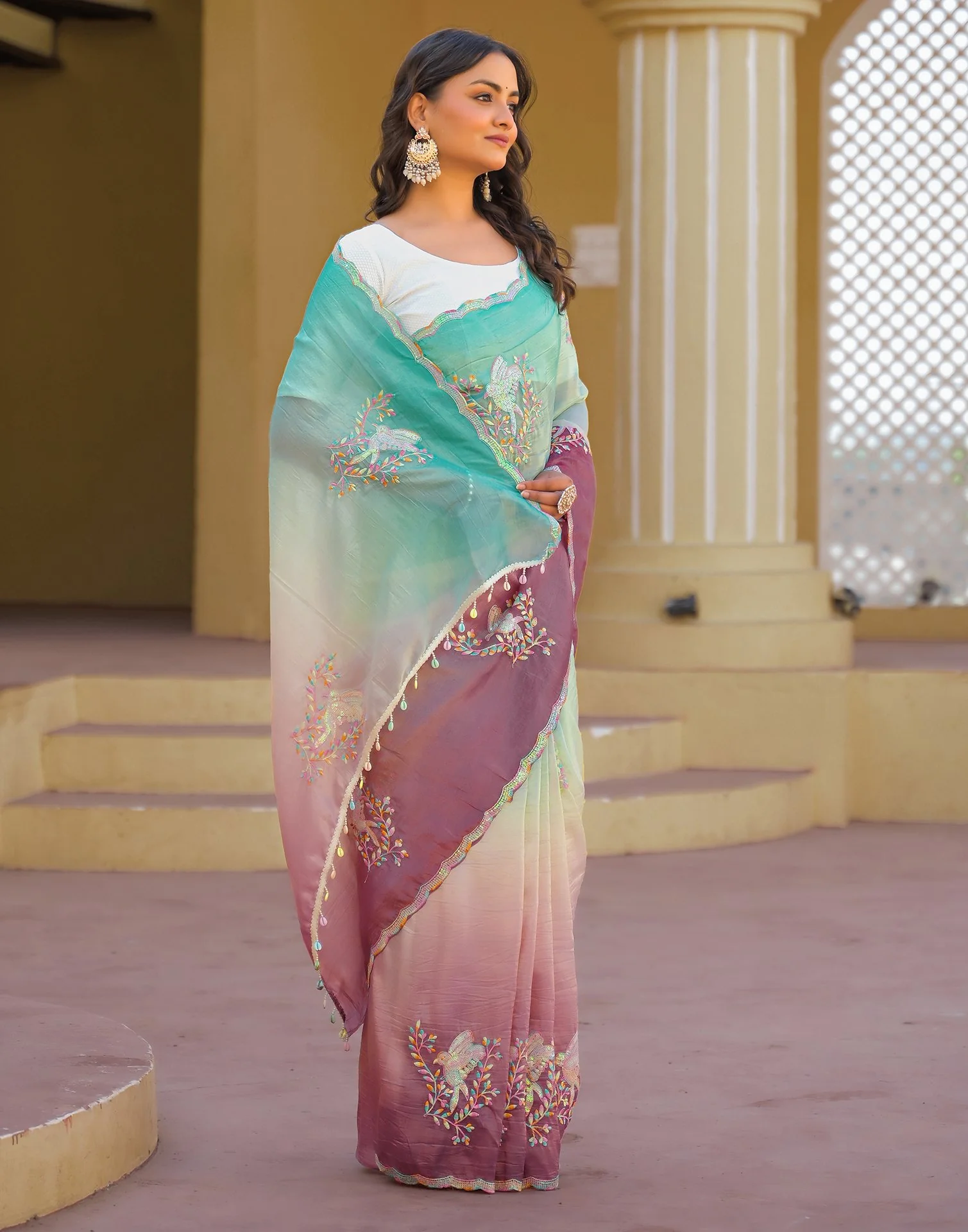 Turquoise Tissue Silk Sequence Embroidery Saree - Image 6