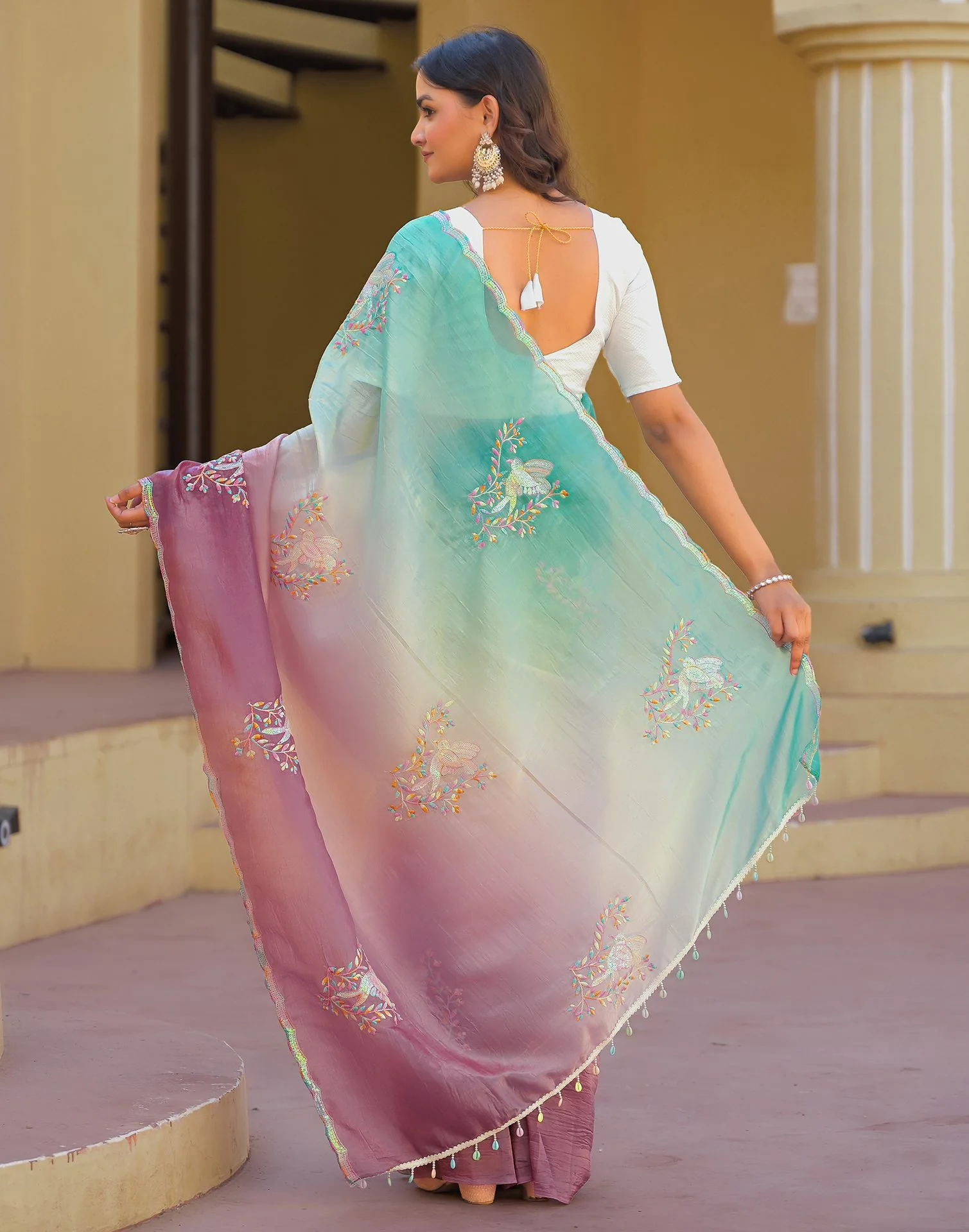 Turquoise Tissue Silk Sequence Embroidery Saree - Image 7
