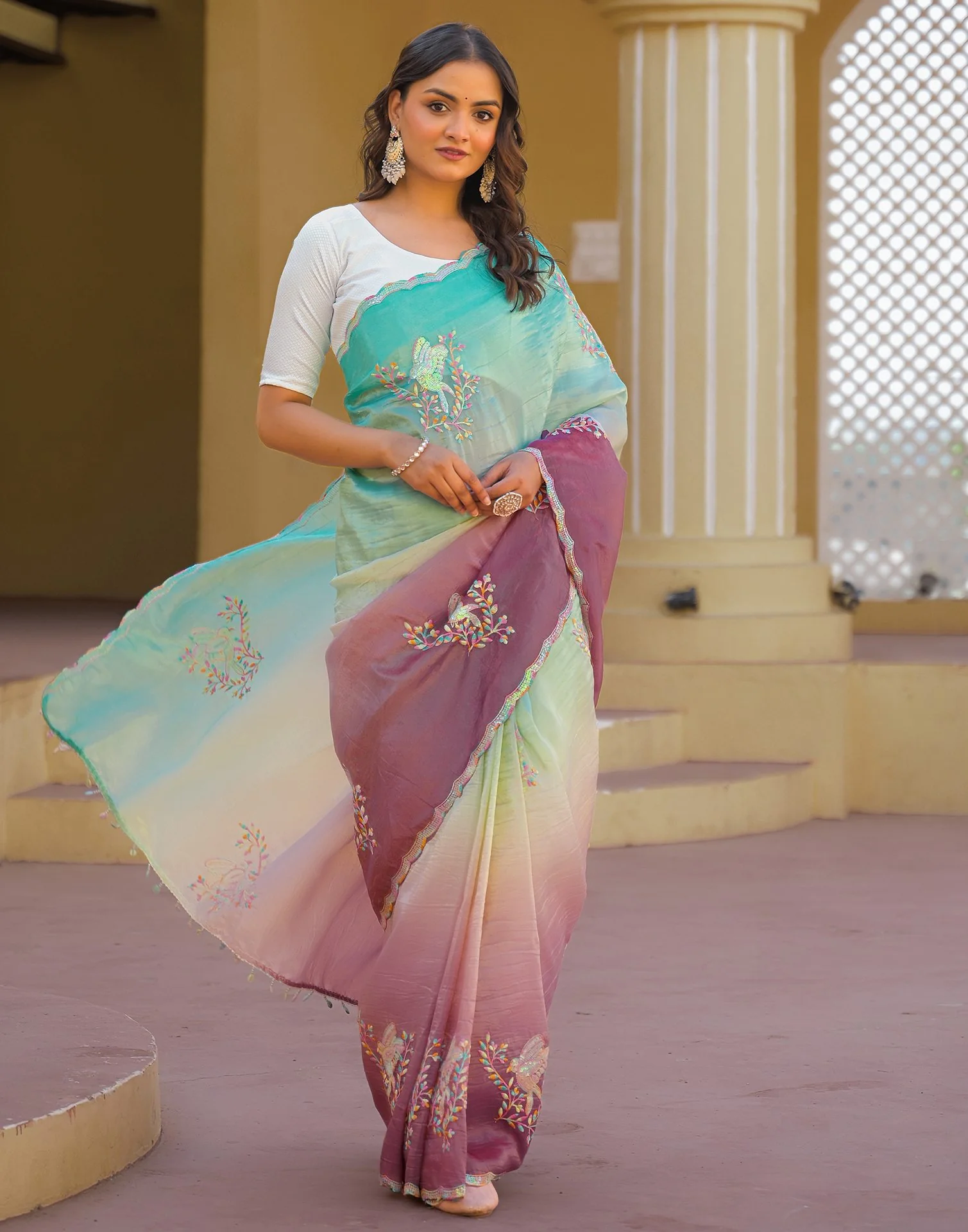Turquoise Tissue Silk Sequence Embroidery Saree - Image 8