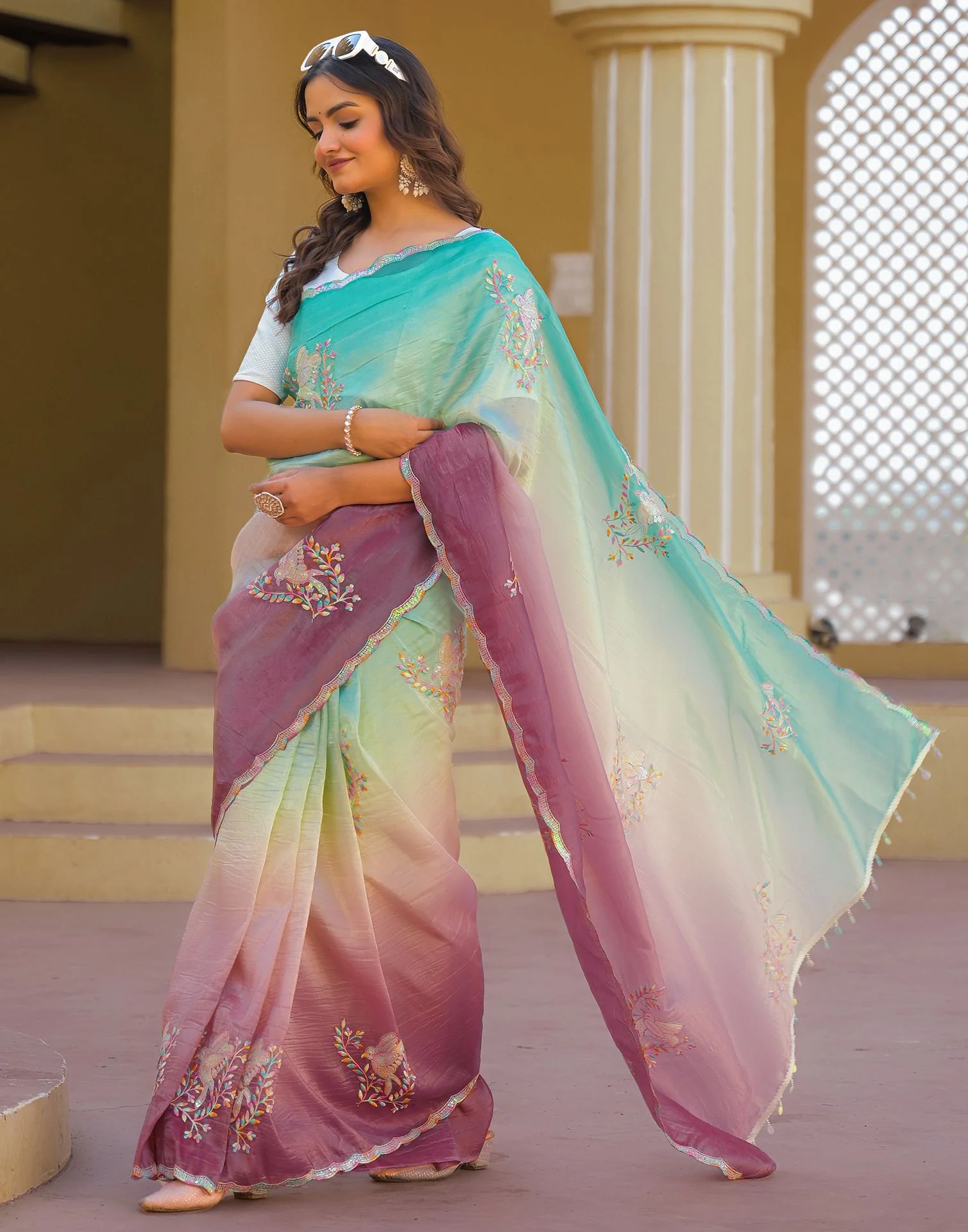 Turquoise Tissue Silk Sequence Embroidery Saree - Image 9