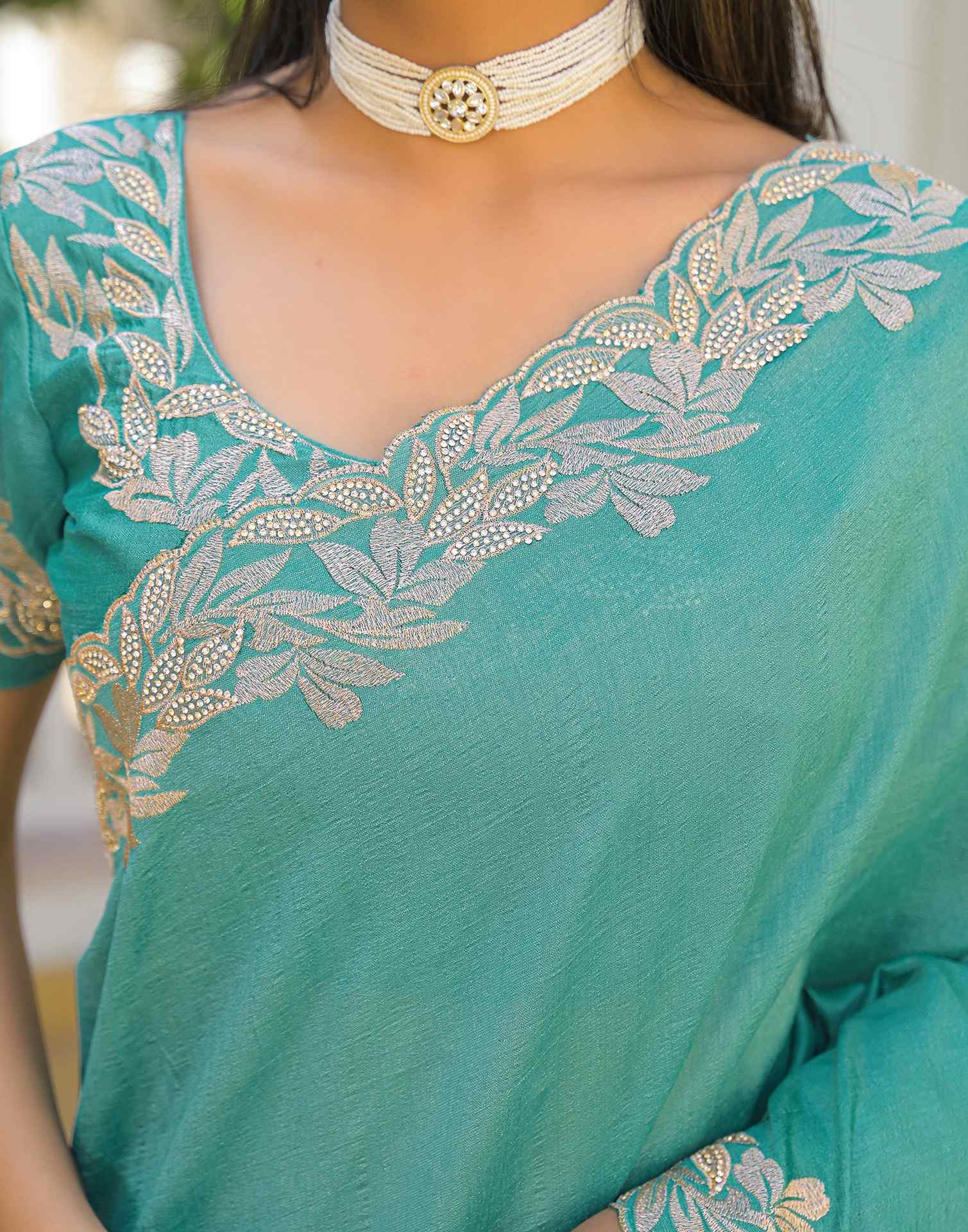 Turquoise Vichitra Silk Embroidery Saree - Image 10