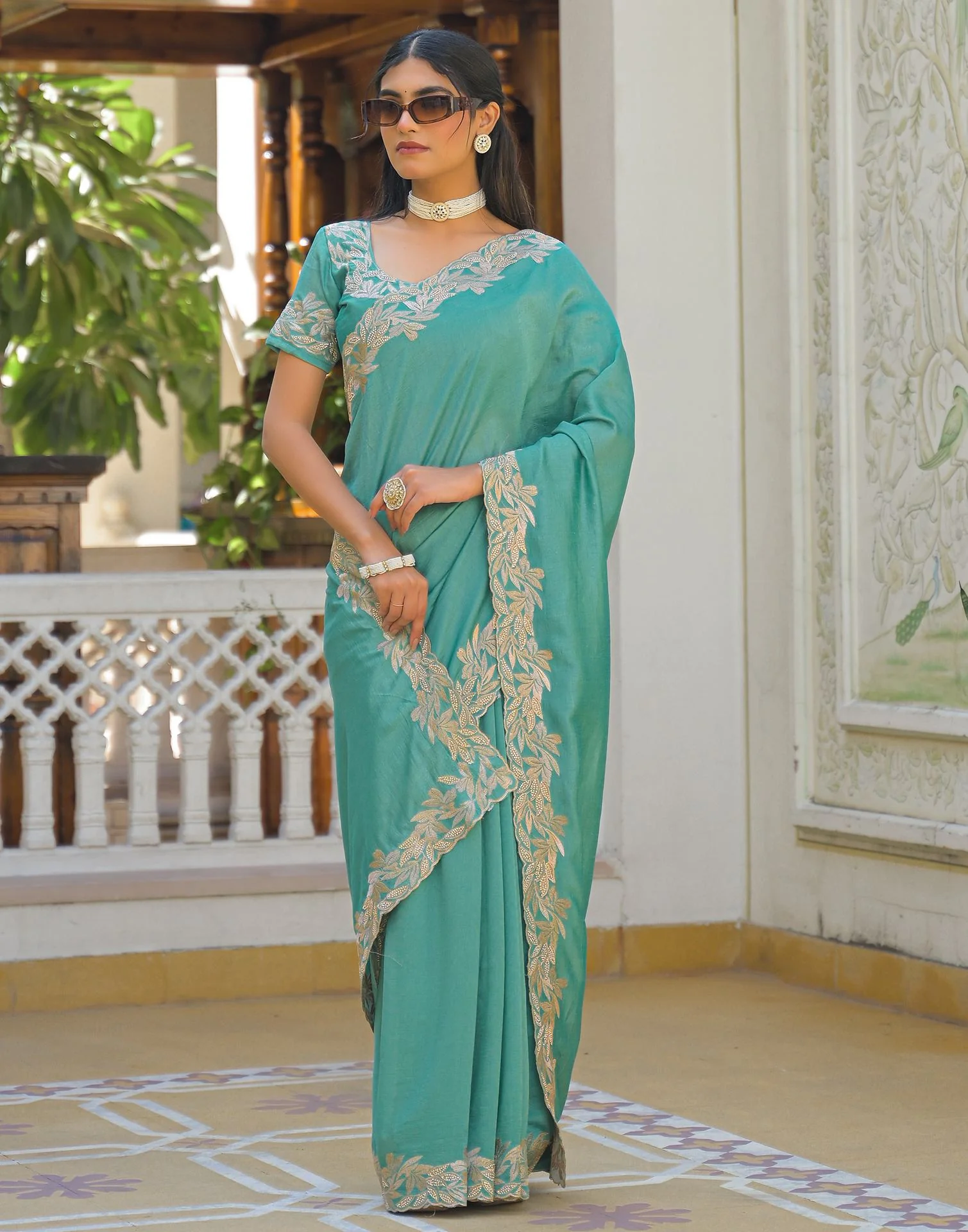 Turquoise Vichitra Silk Embroidery Saree - Image 5