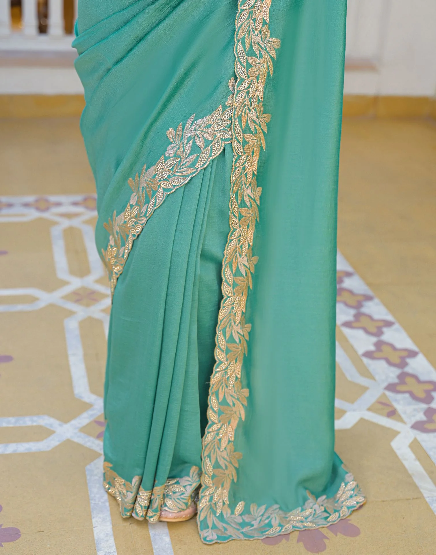 Turquoise Vichitra Silk Embroidery Saree - Image 8