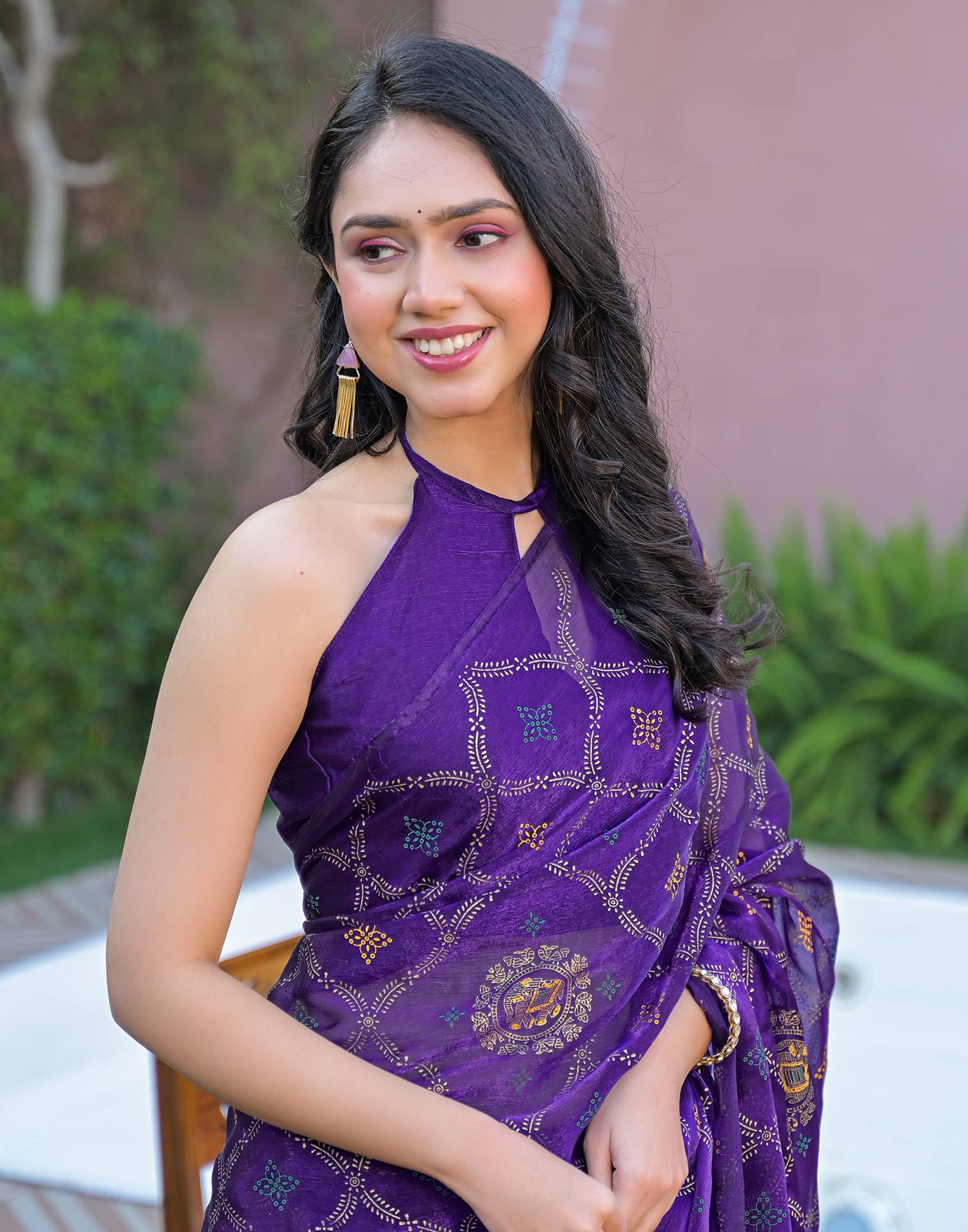 Violet Chiffon Foil Printed Saree - Image 2