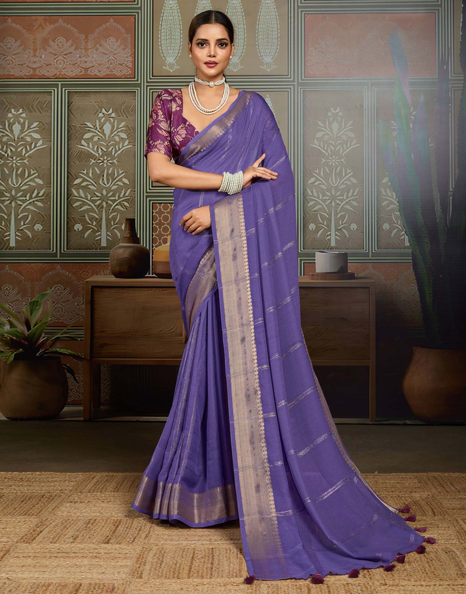 Violet Chiffon Woven Zari Stripe Saree