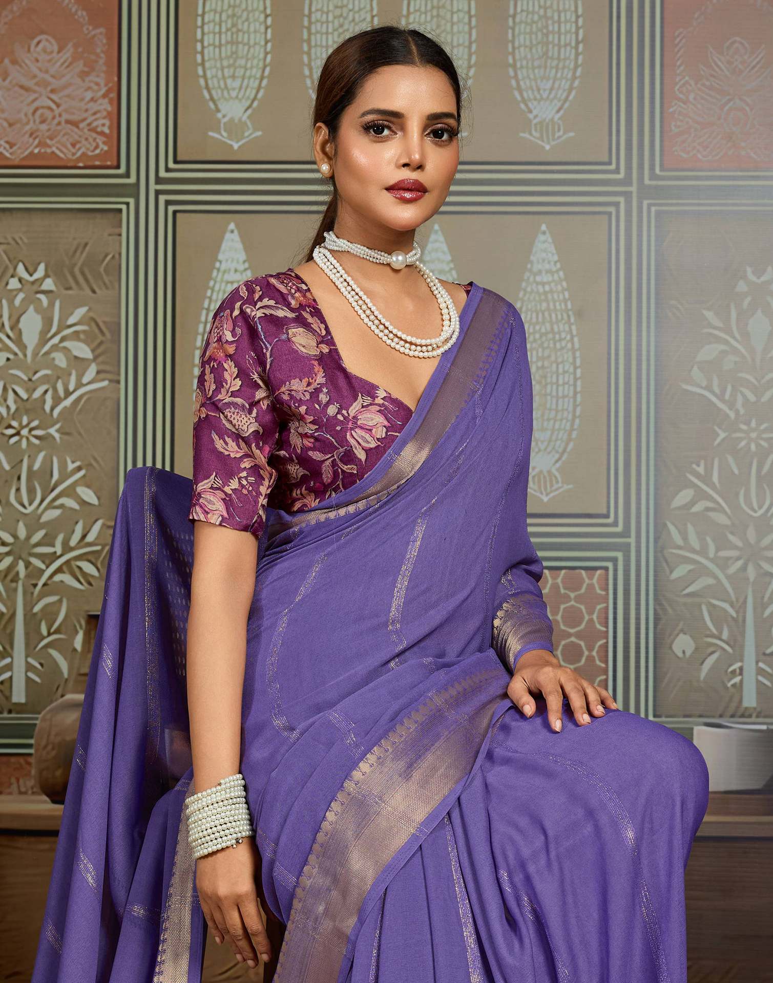 Violet Chiffon Woven Zari Stripe Saree - Image 2