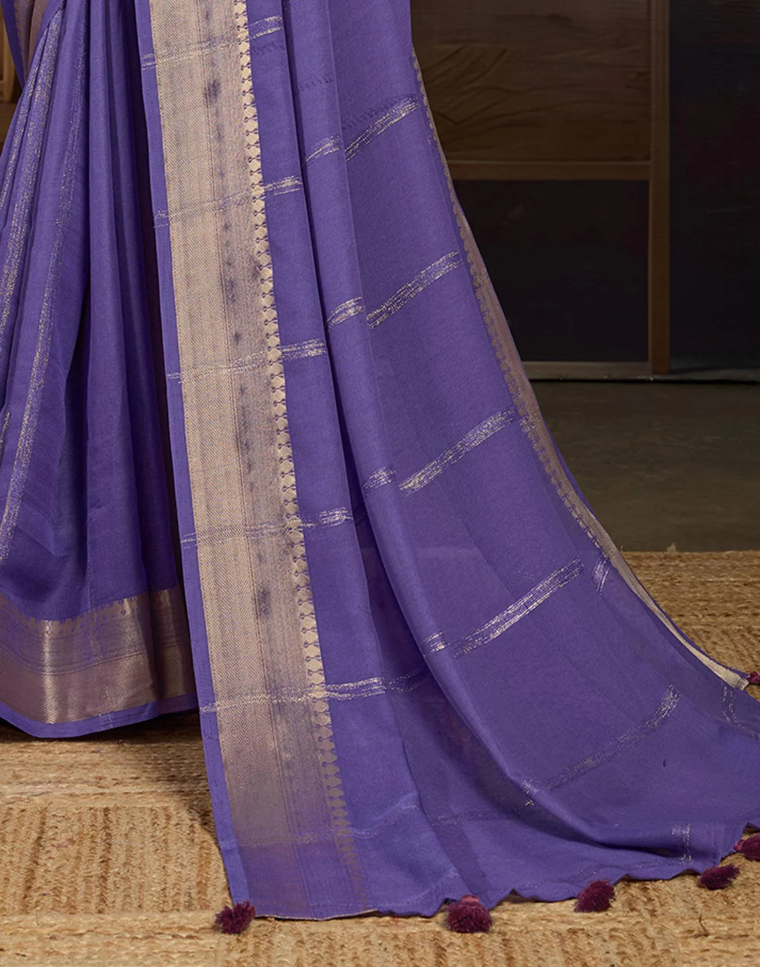 Violet Chiffon Woven Zari Stripe Saree - Image 4