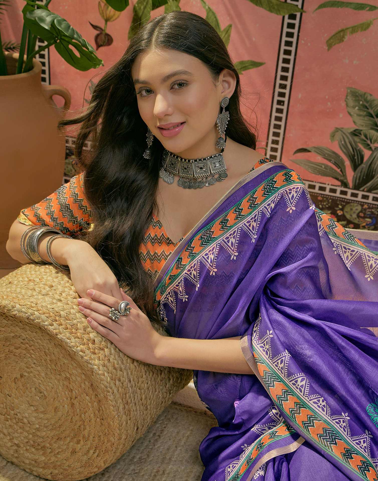 Violet Cotton Linen Printed Saree - Image 2