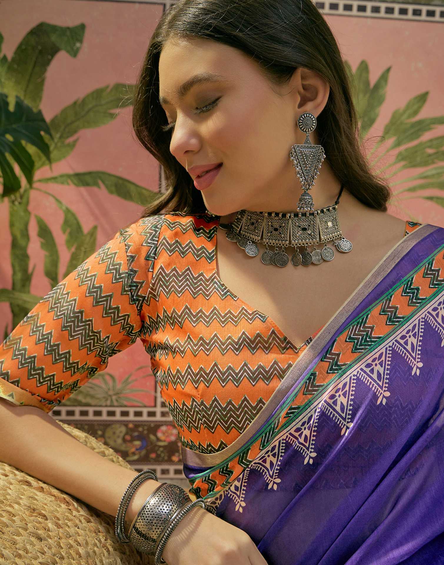Violet Cotton Linen Printed Saree - Image 4