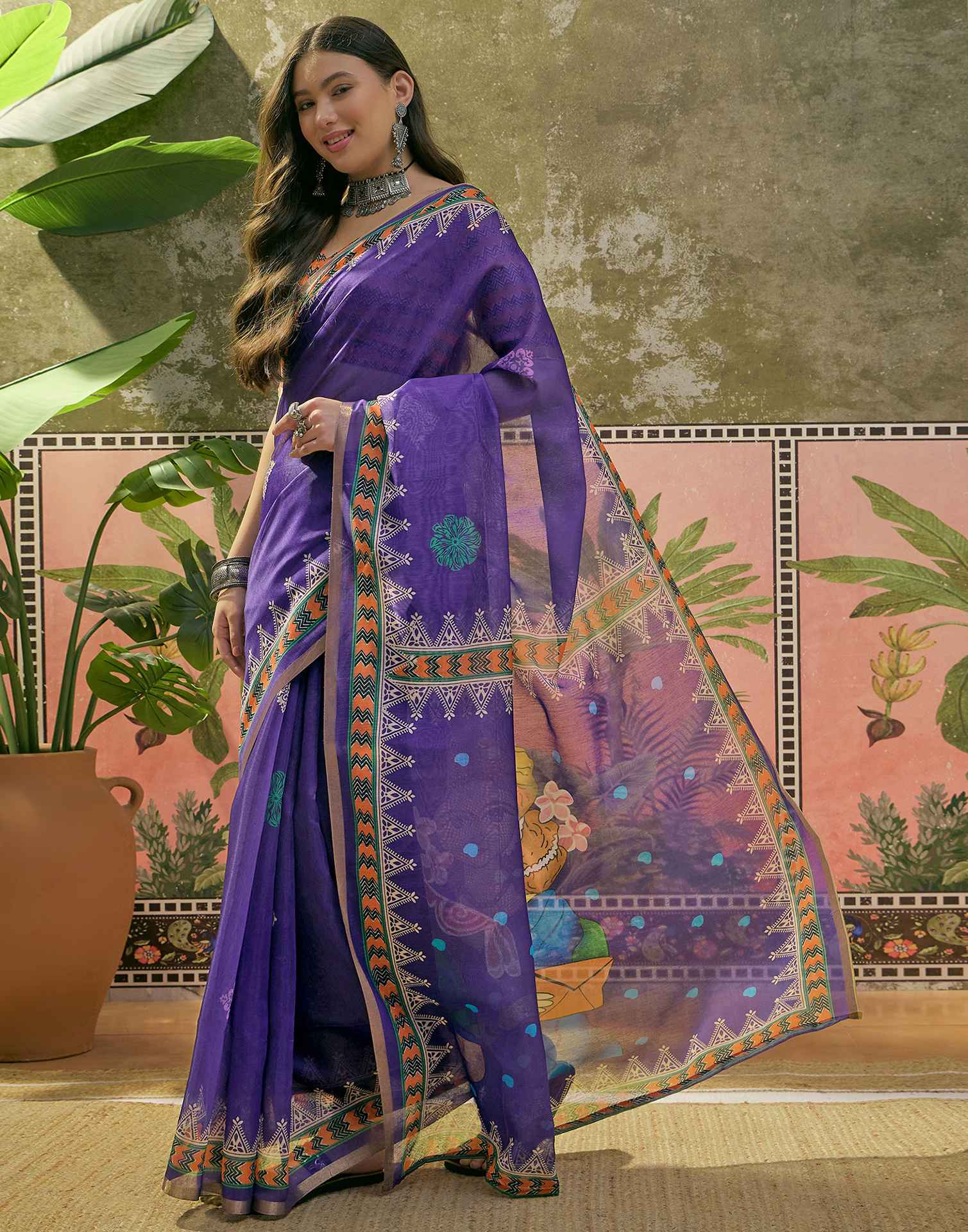 Violet Cotton Linen Printed Saree - Image 5