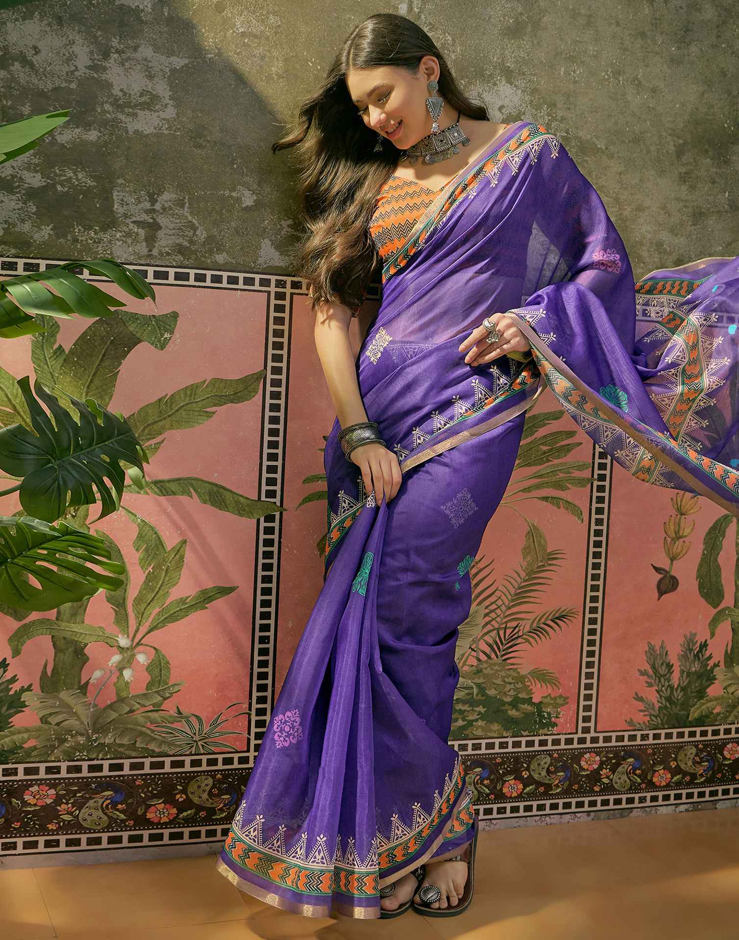 Violet Cotton Linen Printed Saree - Image 6