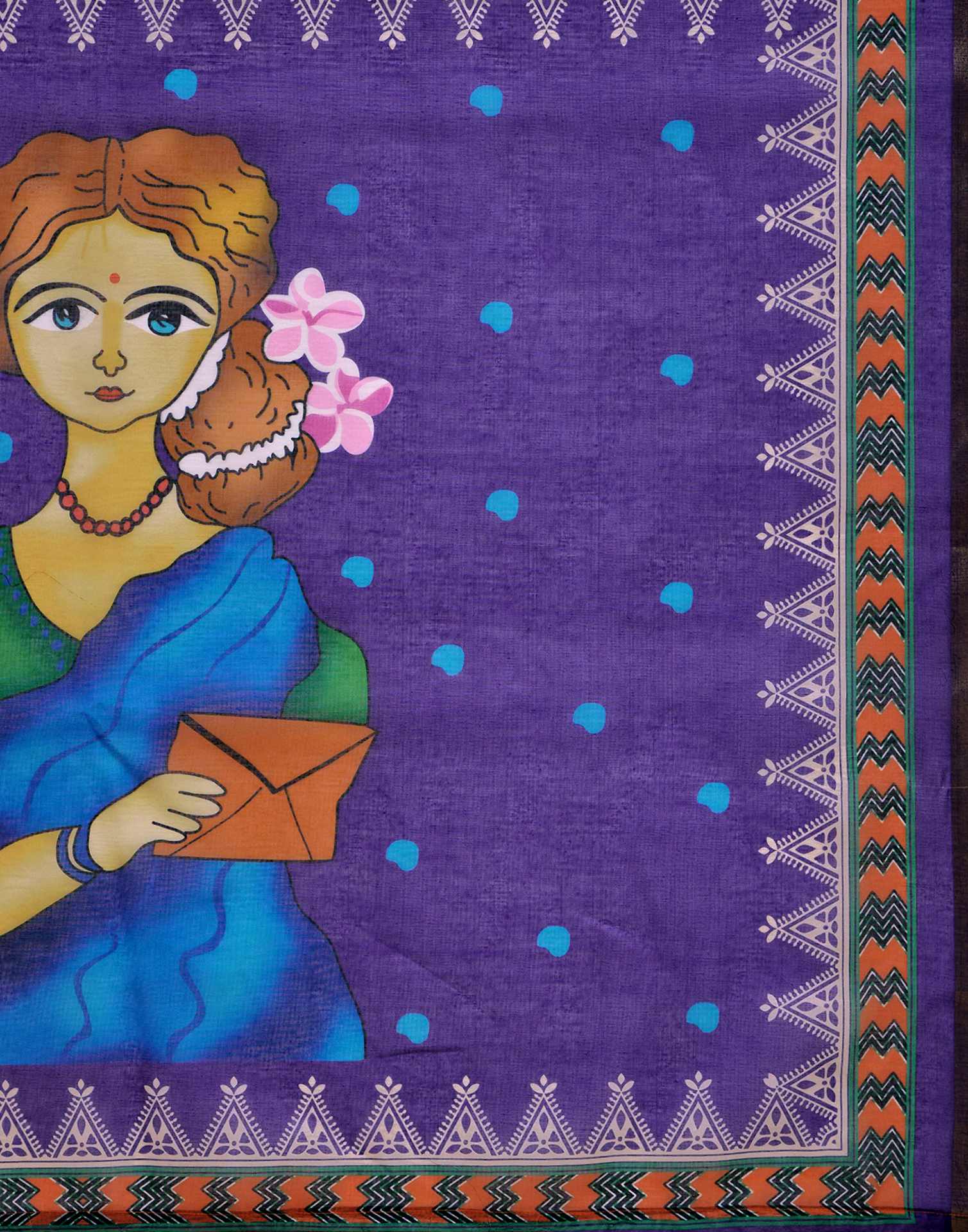 Violet Cotton Linen Printed Saree - Image 9