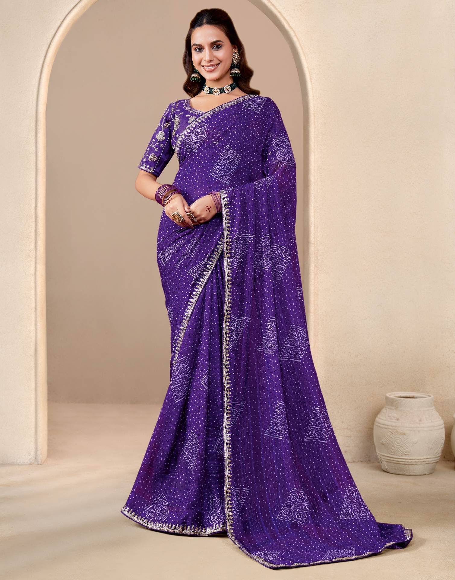 Violet Georgette Printed Bandhani Saree - Image 2