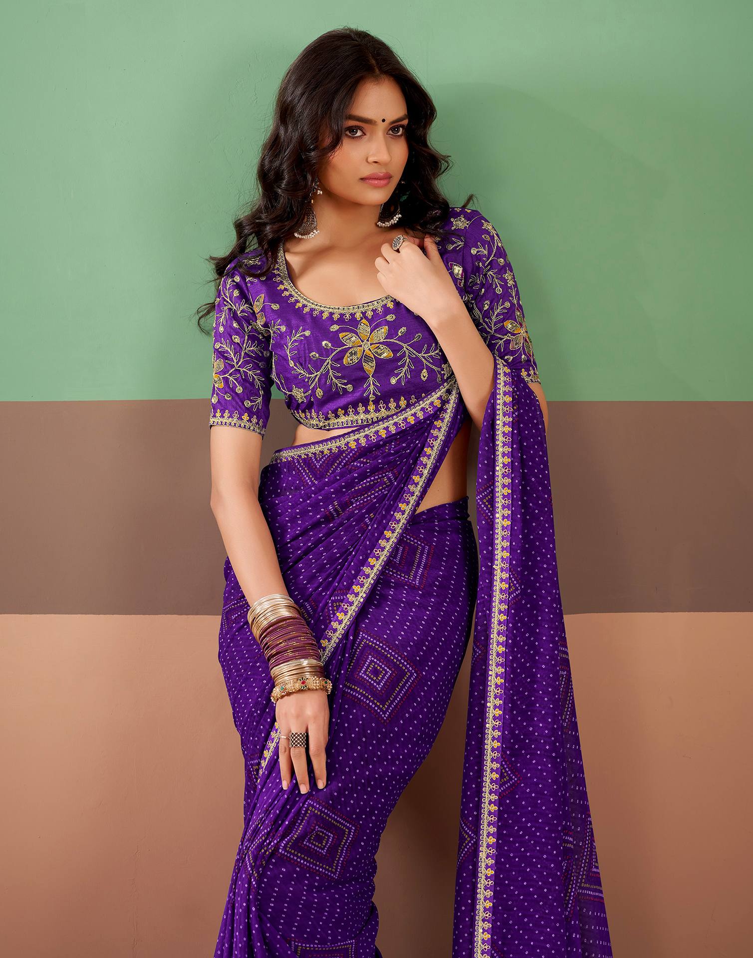 Violet Georgette Printed Bandhani Saree - Image 2
