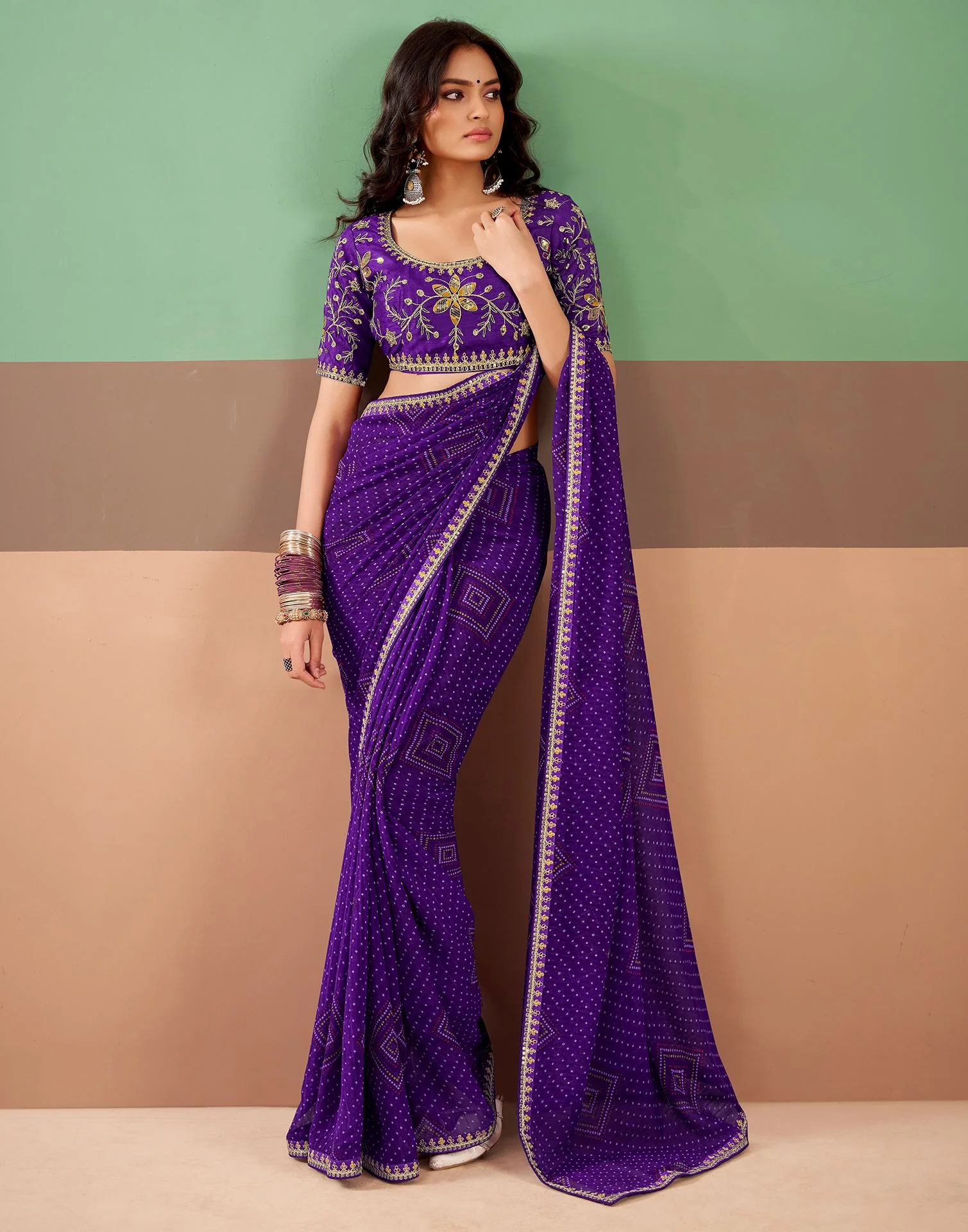 Violet Georgette Printed Bandhani Saree - Image 6