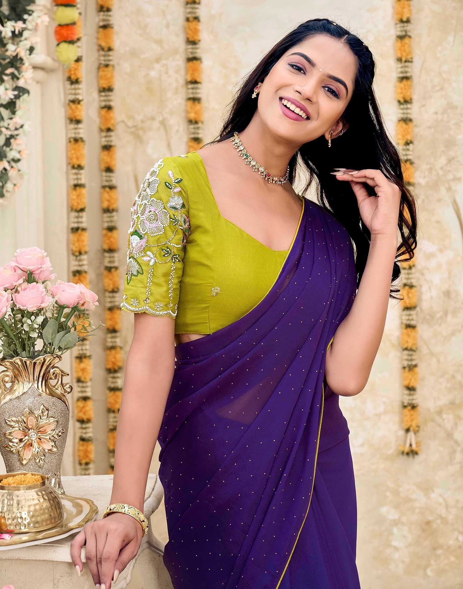 Violet Georgette Stone Work Swarovski Saree - Image 2