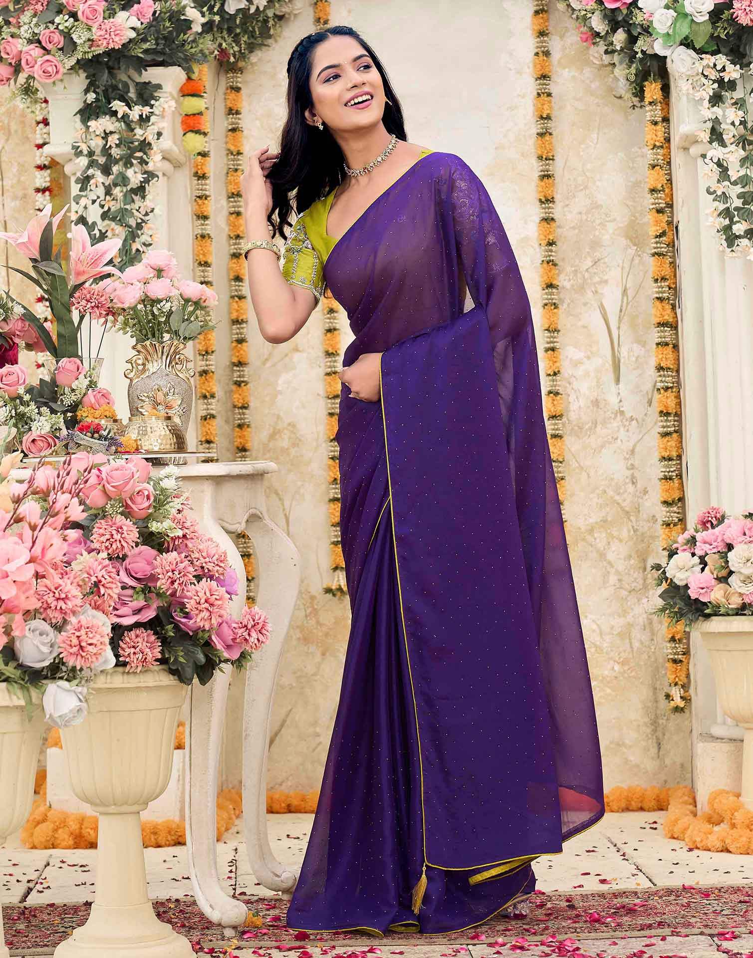 Violet Georgette Stone Work Swarovski Saree - Image 4