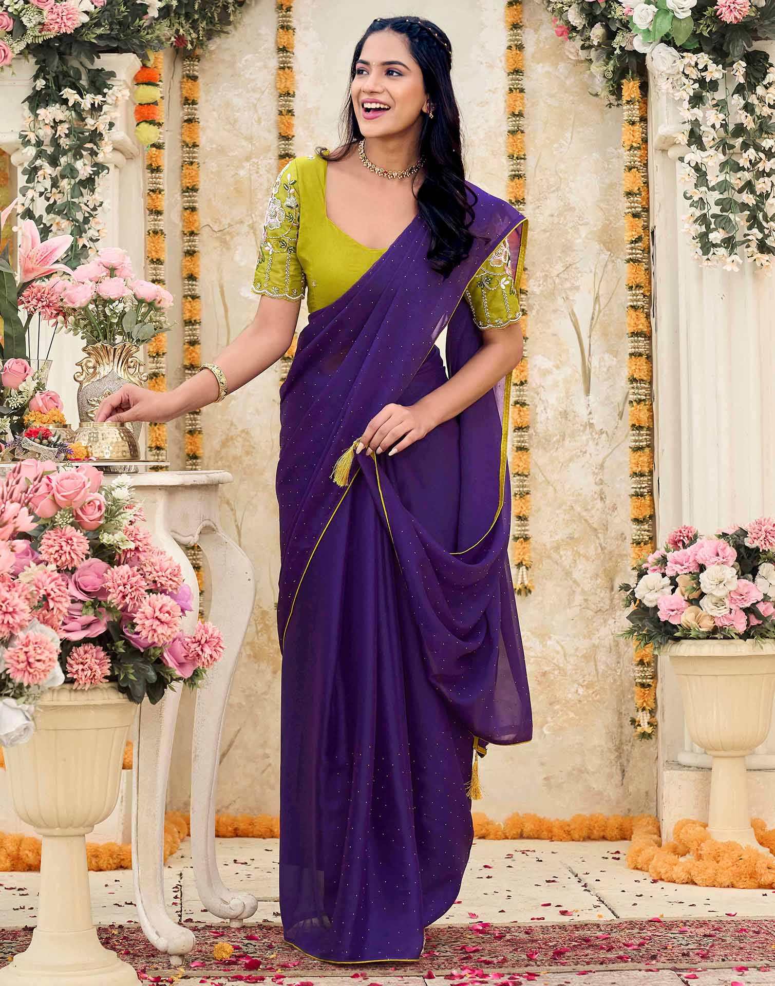 Violet Georgette Stone Work Swarovski Saree - Image 5