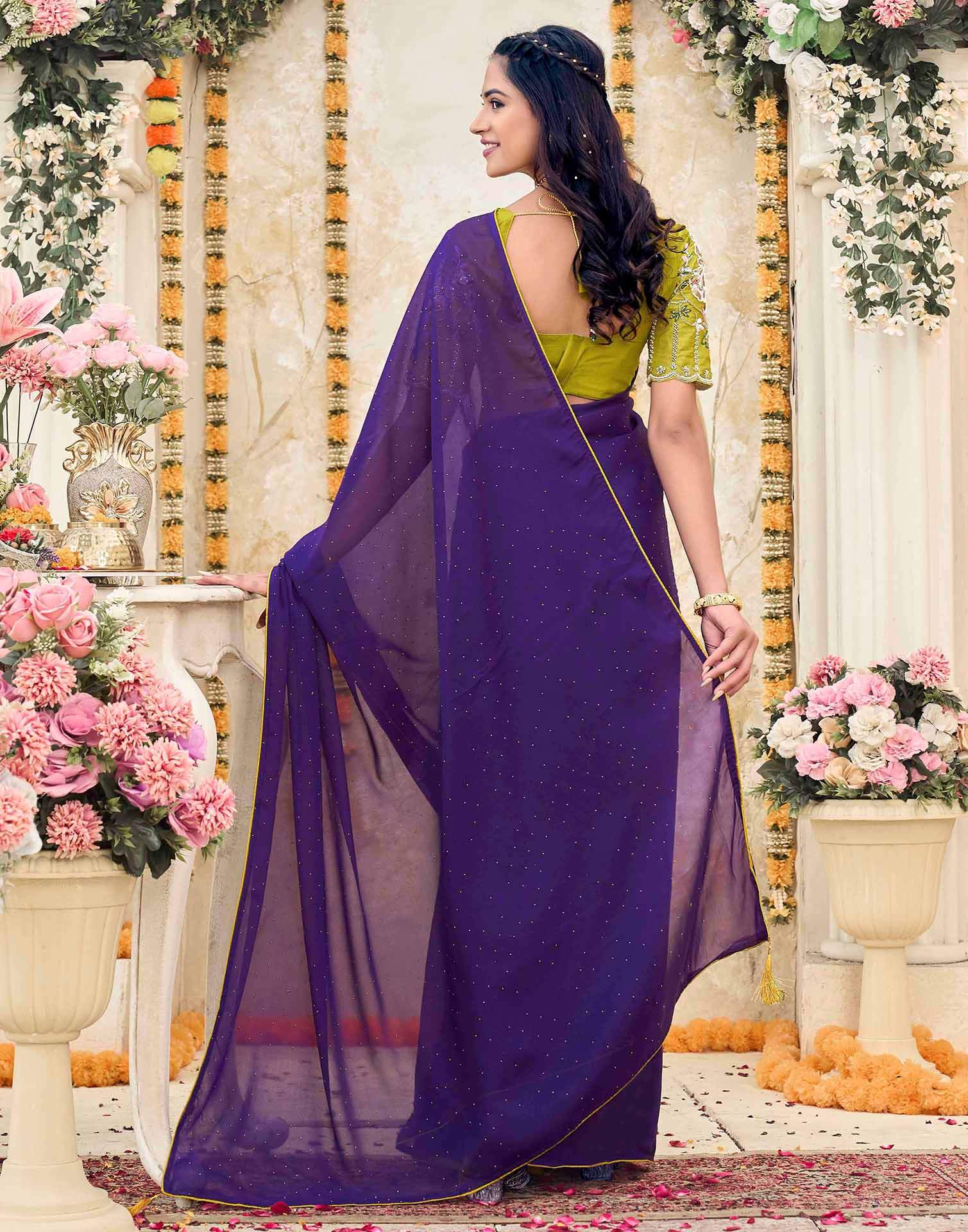 Violet Georgette Stone Work Swarovski Saree - Image 6