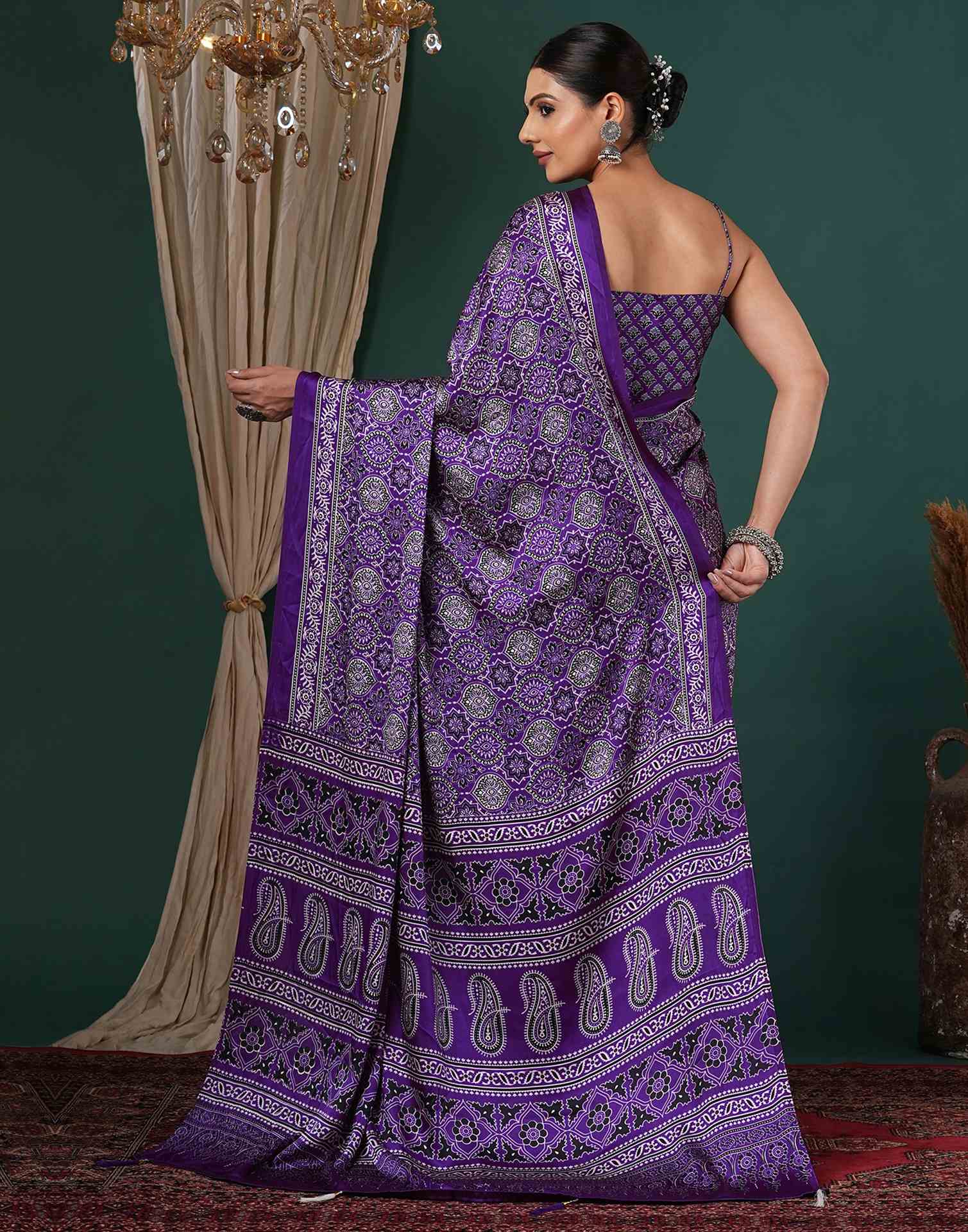 Violet Satin Printed Saree - Image 6