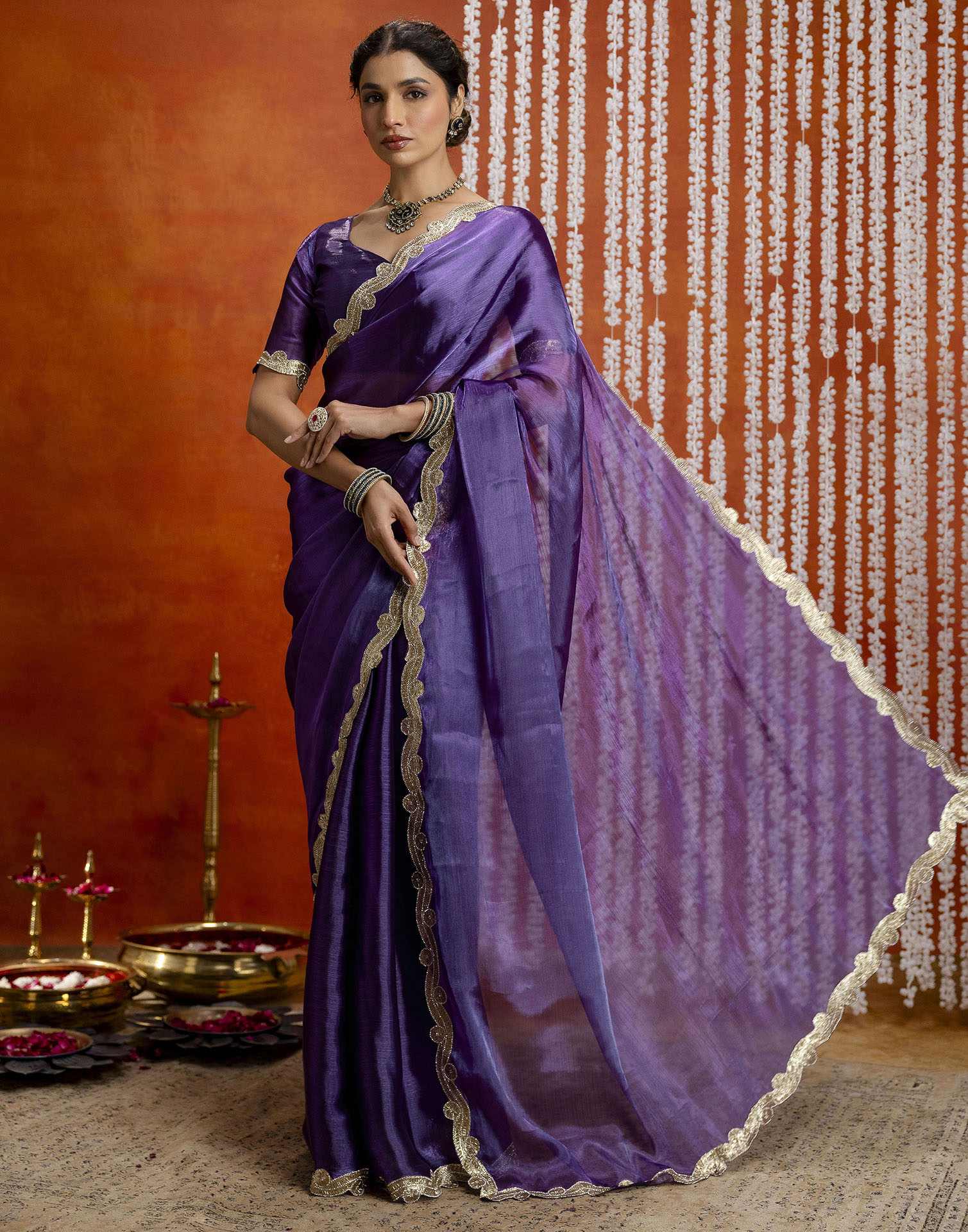 Violet Shimmer Lace Saree - Image 6