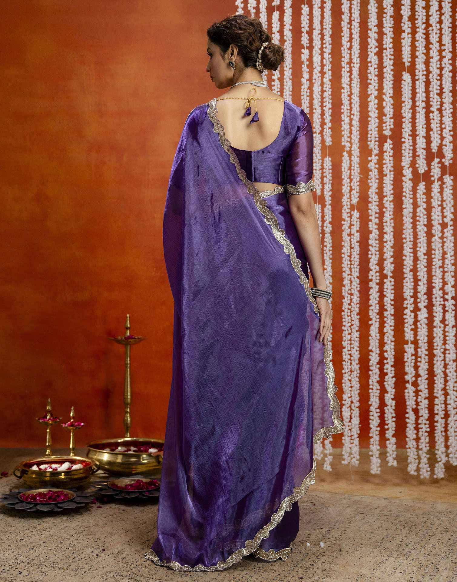 Violet Shimmer Lace Saree - Image 8