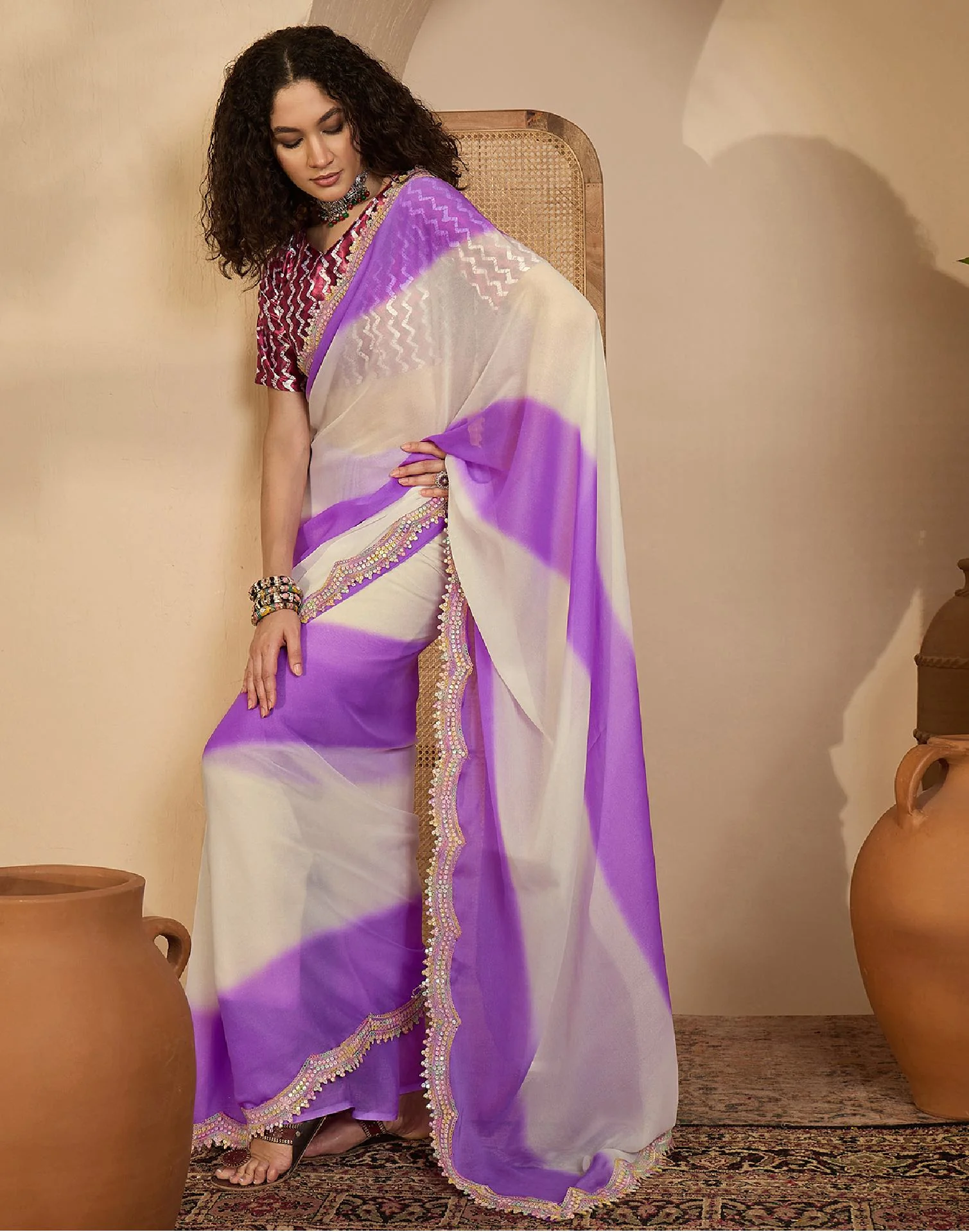 Violet Shimmer Georgette Sequence Lace saree - Image 4