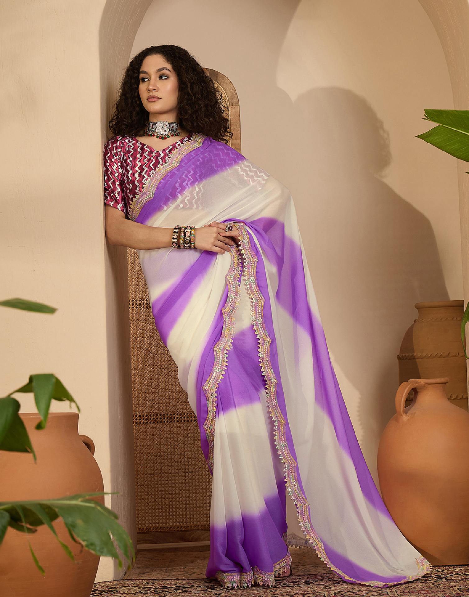 Violet Shimmer Georgette Sequence Lace saree - Image 5