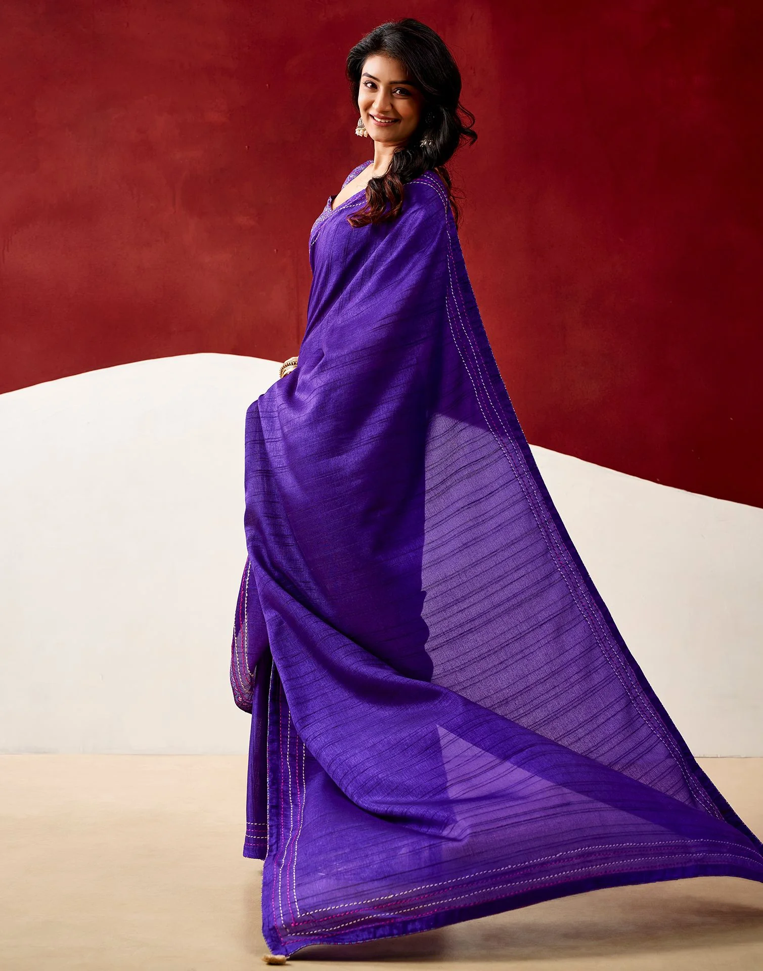 Violet Silk Embroidery Saree - Image 4