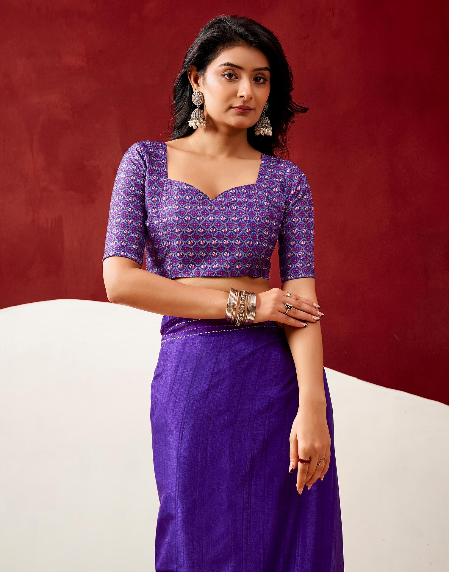 Violet Silk Embroidery Saree - Image 6