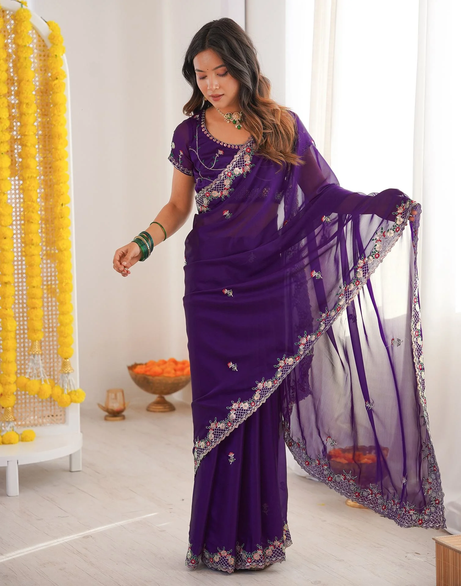 Violet Silk Sequence Embroidery Saree - Image 5
