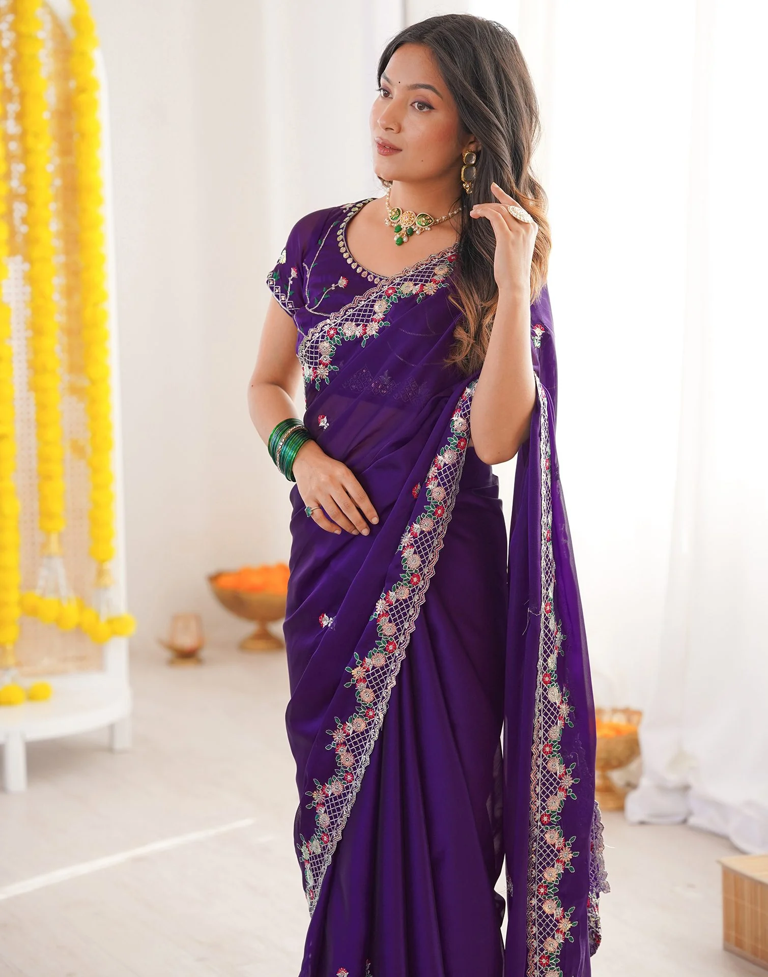Violet Silk Sequence Embroidery Saree - Image 9