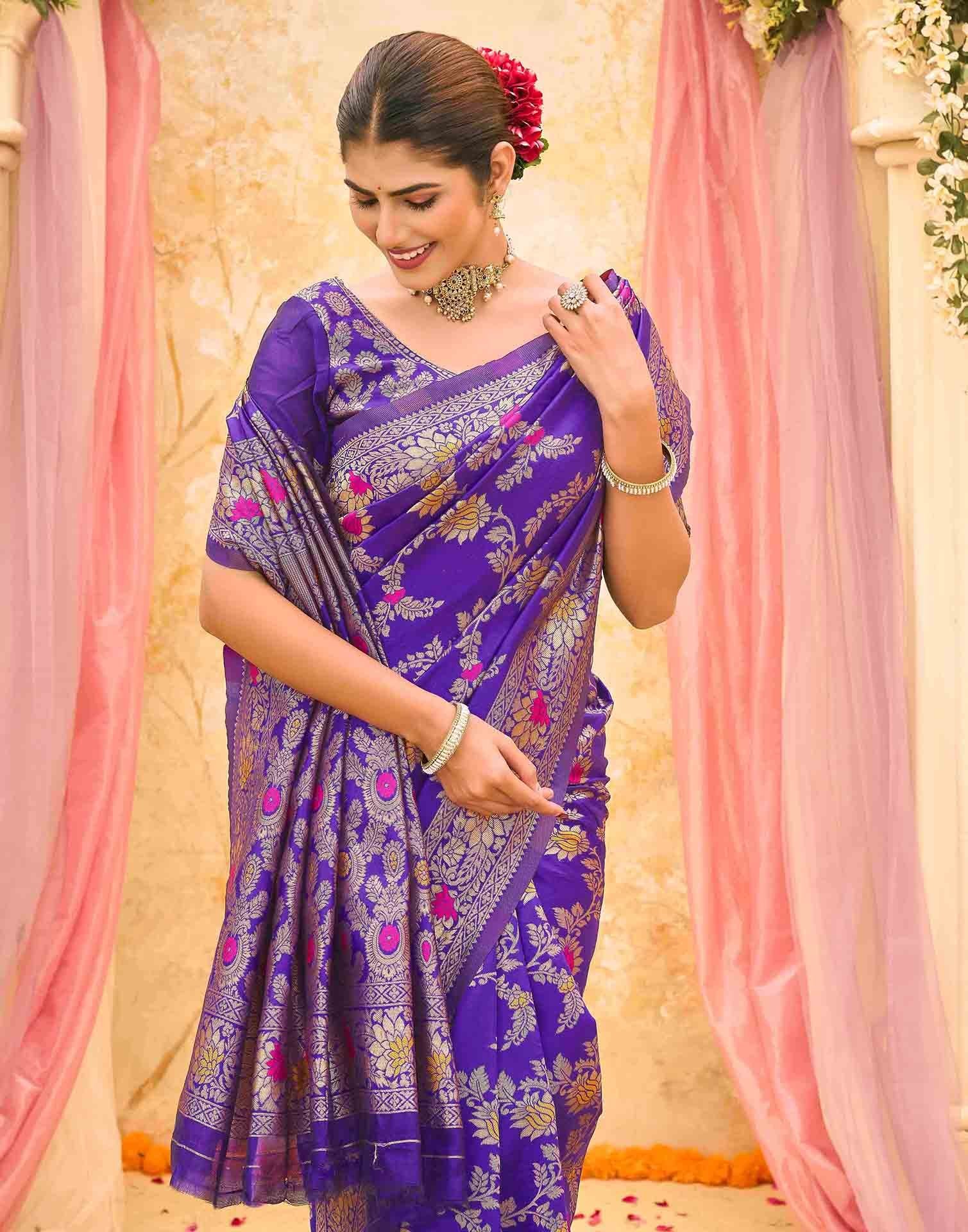 Violet Silk Woven Banarasi Saree - Image 2