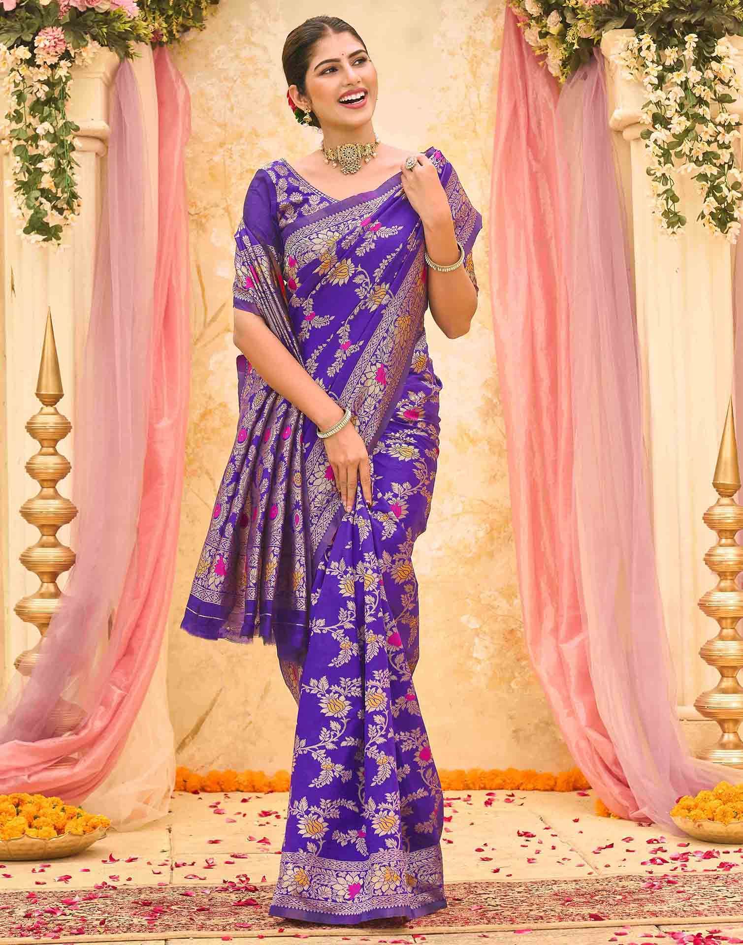 Violet Silk Woven Banarasi Saree - Image 5