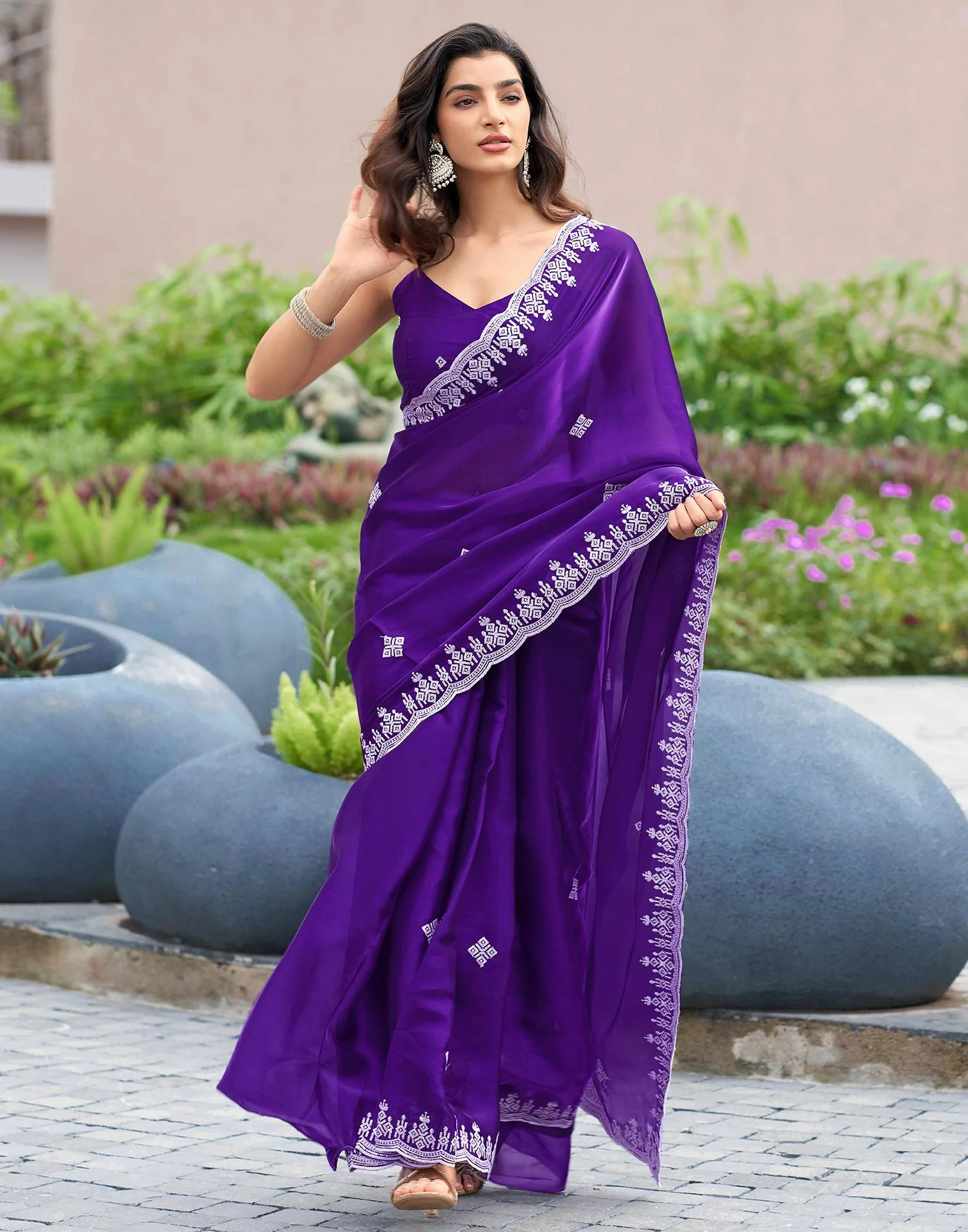 Voilet Shimmer Sequence Embroidery Saree - Image 6