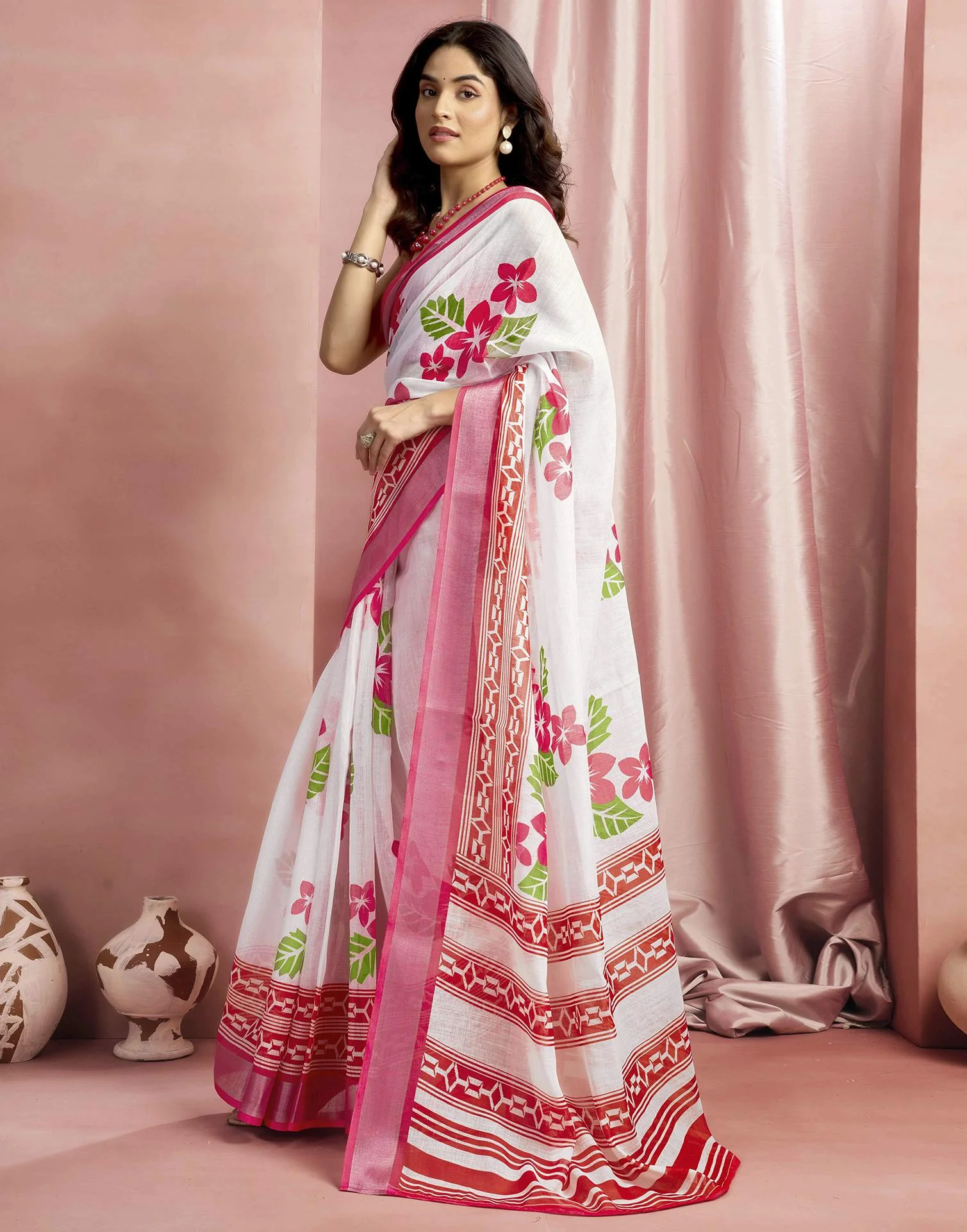 White Cotton Linen Floral Printed Saree - Image 4