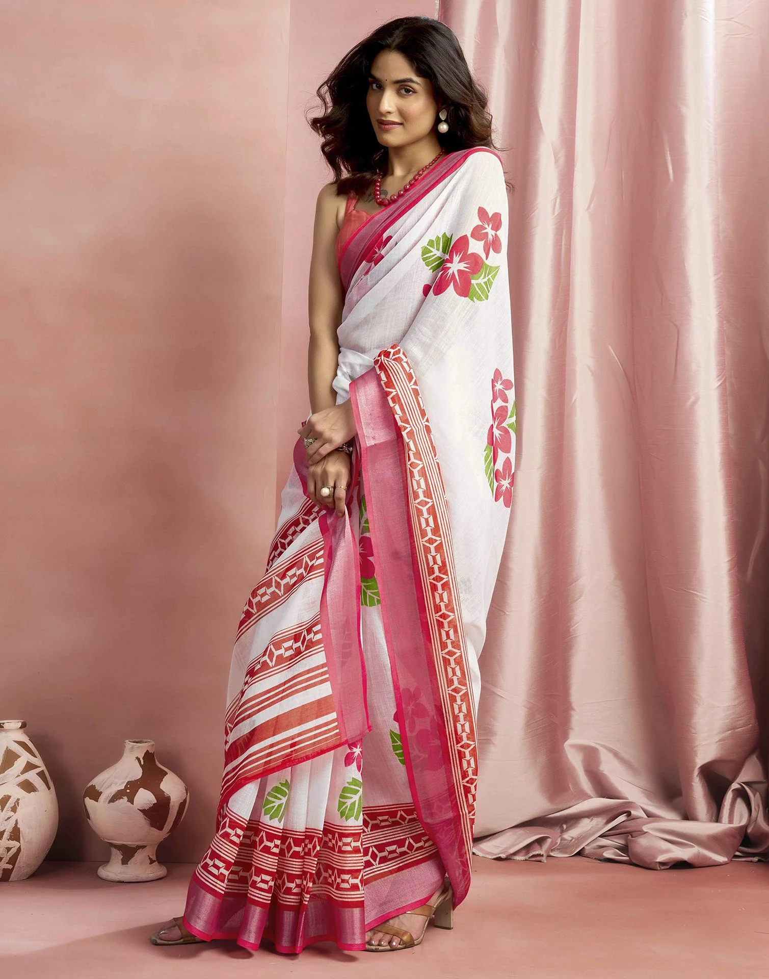 White Cotton Linen Floral Printed Saree - Image 5