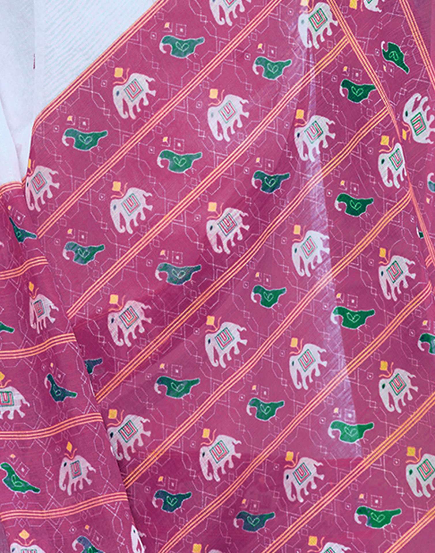 White Cotton Linen Printed Patola Saree - Image 7