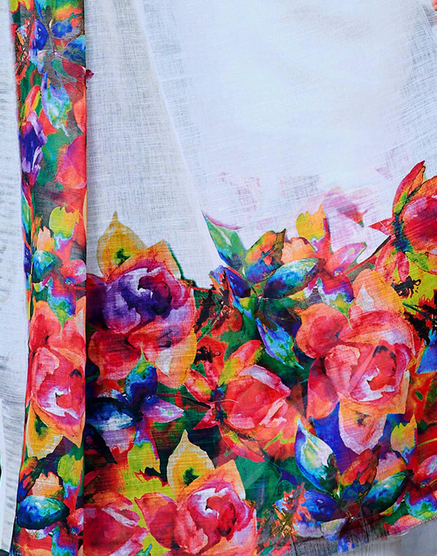 White Cotton Linen Printed Saree - Image 9